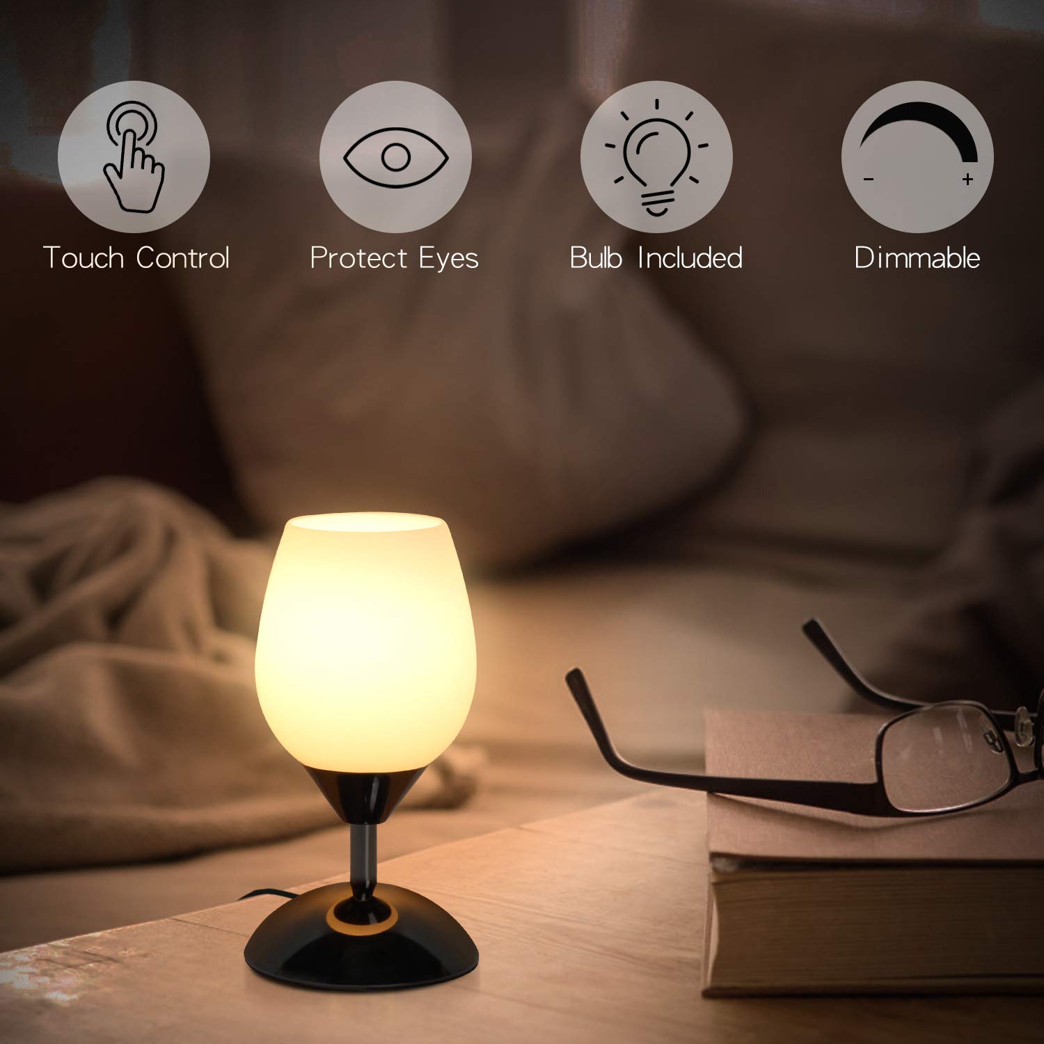 Boncoo Touch Control Dimmable Table Lamp, Small Black Opal Glass Night Light, Model Cup-Lamp, E12 Bulb Included