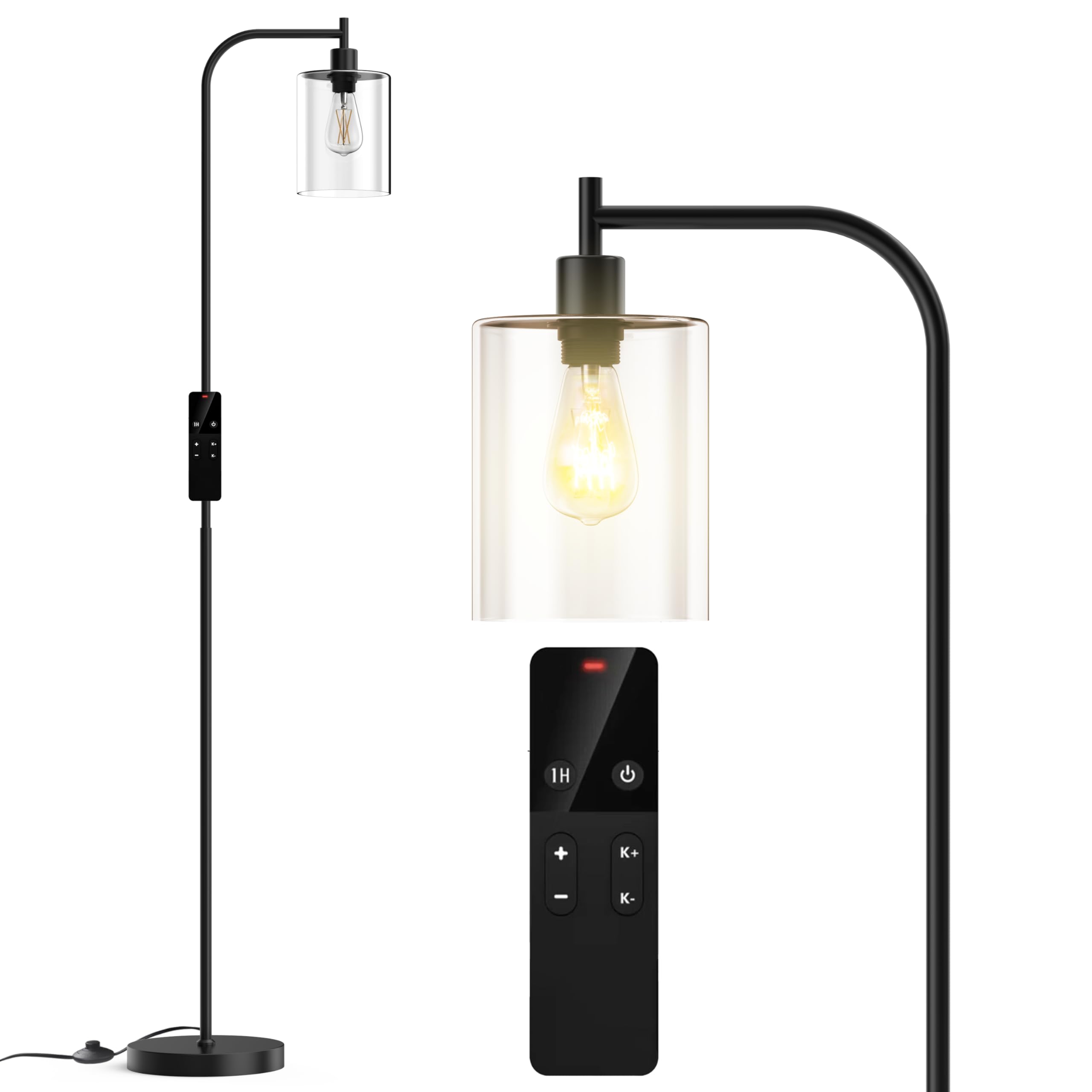 Wio-Mio Industrial Floor Lamp, Dimmable with Remote, Glass Shade, Tall for Living Room/Office, Black, Model MF19334