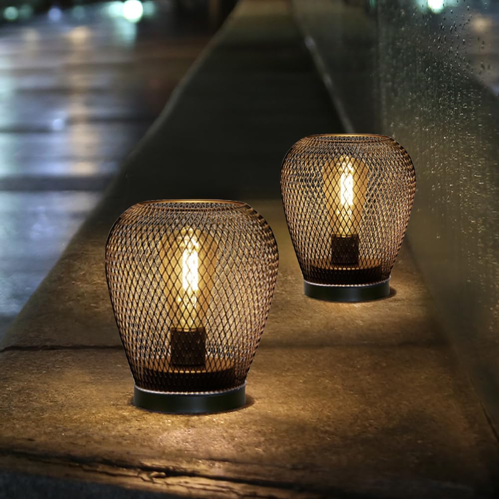 Jhy Design Set Of 2 Metal Cage Led Lantern Battery Powered Lamp Cordless Accent Light With Led Edsion Style Bulb Great For Weddi