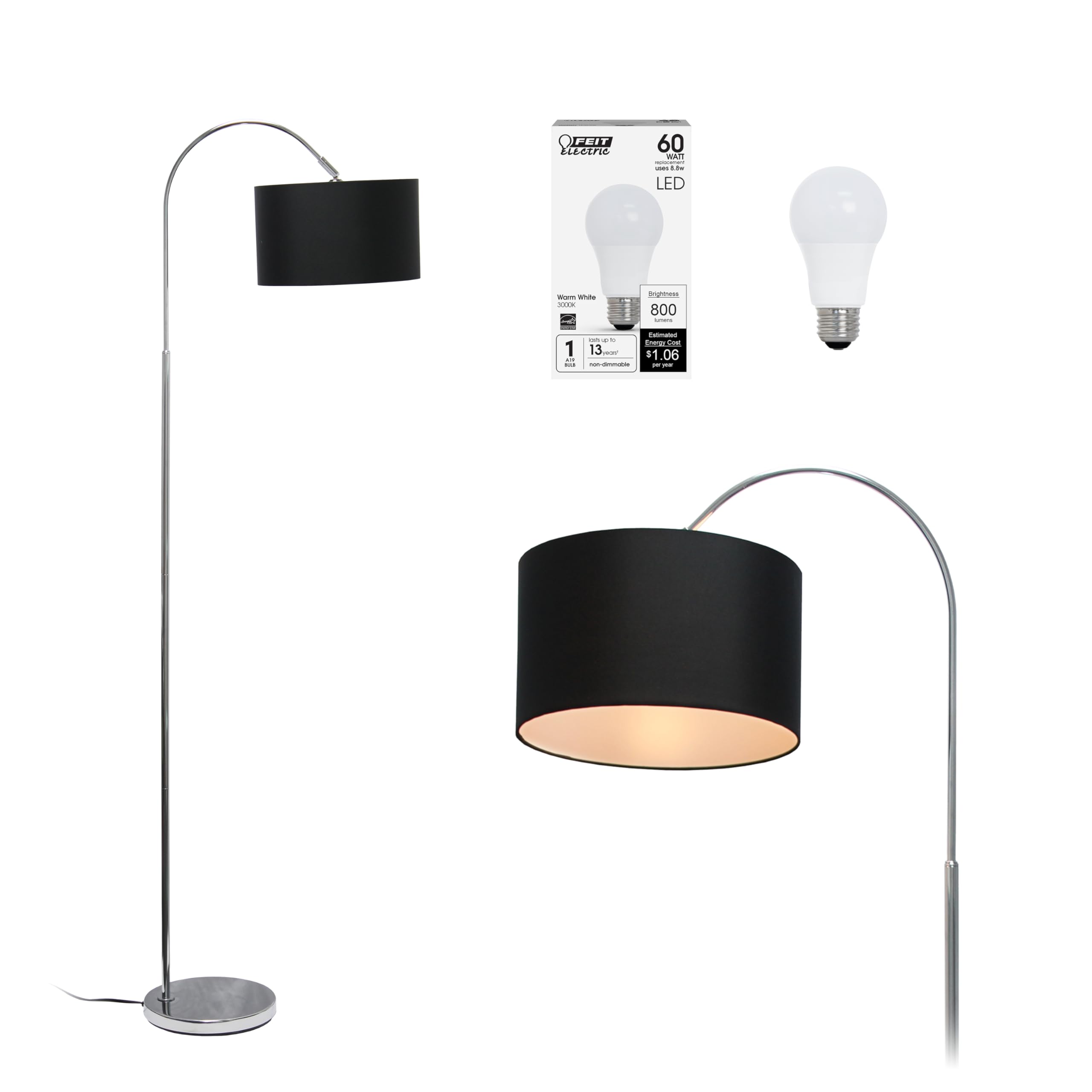 Simple Designs LF2005-BLK-LB 66&quot; Modern Brushed Nickel Arched Floor Lamp with Black Shade for Living Room, Hallway, Entryway, Bedroom, Office, with Feit LED Bulb Included