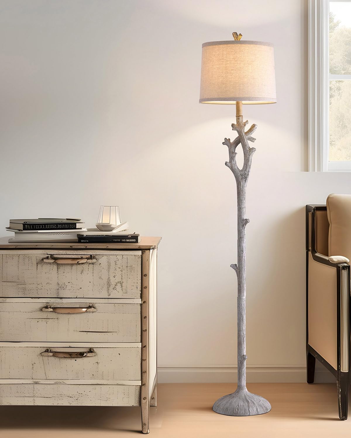 OYEARS Retro Farmhouse Floor Lamp - Rustic Tree Trunk Design, 59.75" Tall, Washed White Resin, Model AMZ-F1158RS