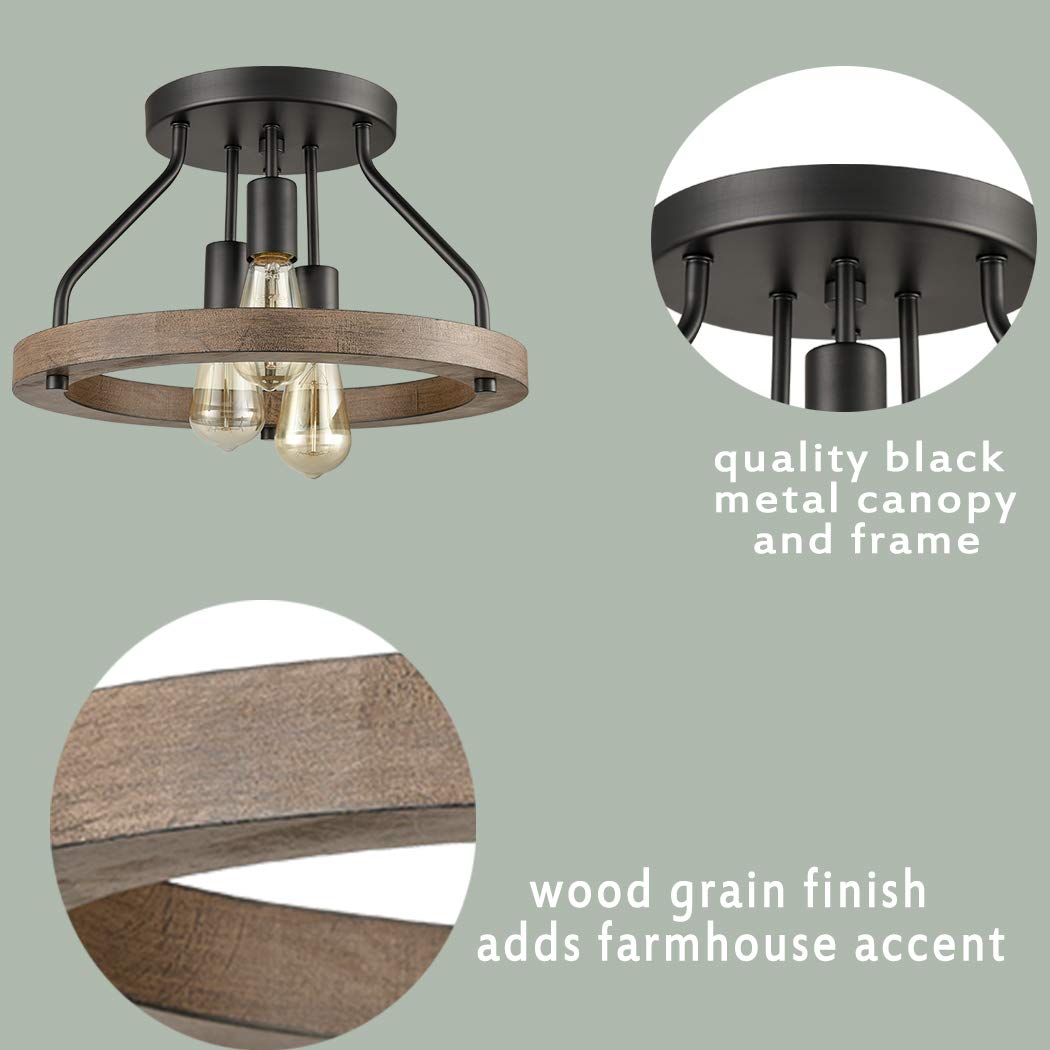 Claxy Farmhouse Flush Mount Ceiling Light Black Metal Lighting With Wood Grain Finish-3 Light