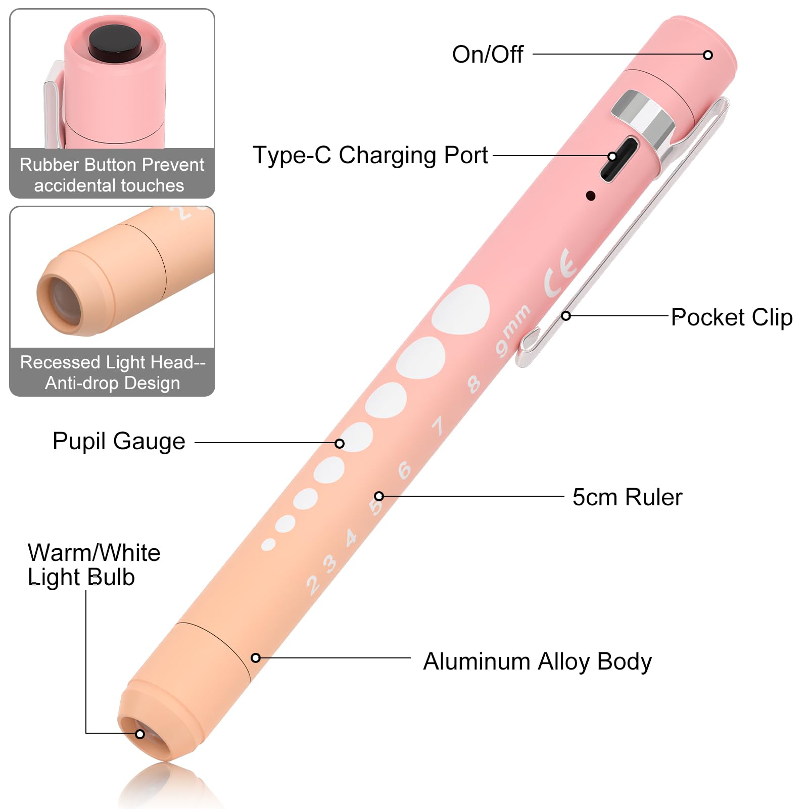 RISEMART Rechargeable Pen Light for Nurses - LED, USB Charging, Dual Light Modes, Aluminum, Orange Pink Gradient, Model LC-Z664-5-US
