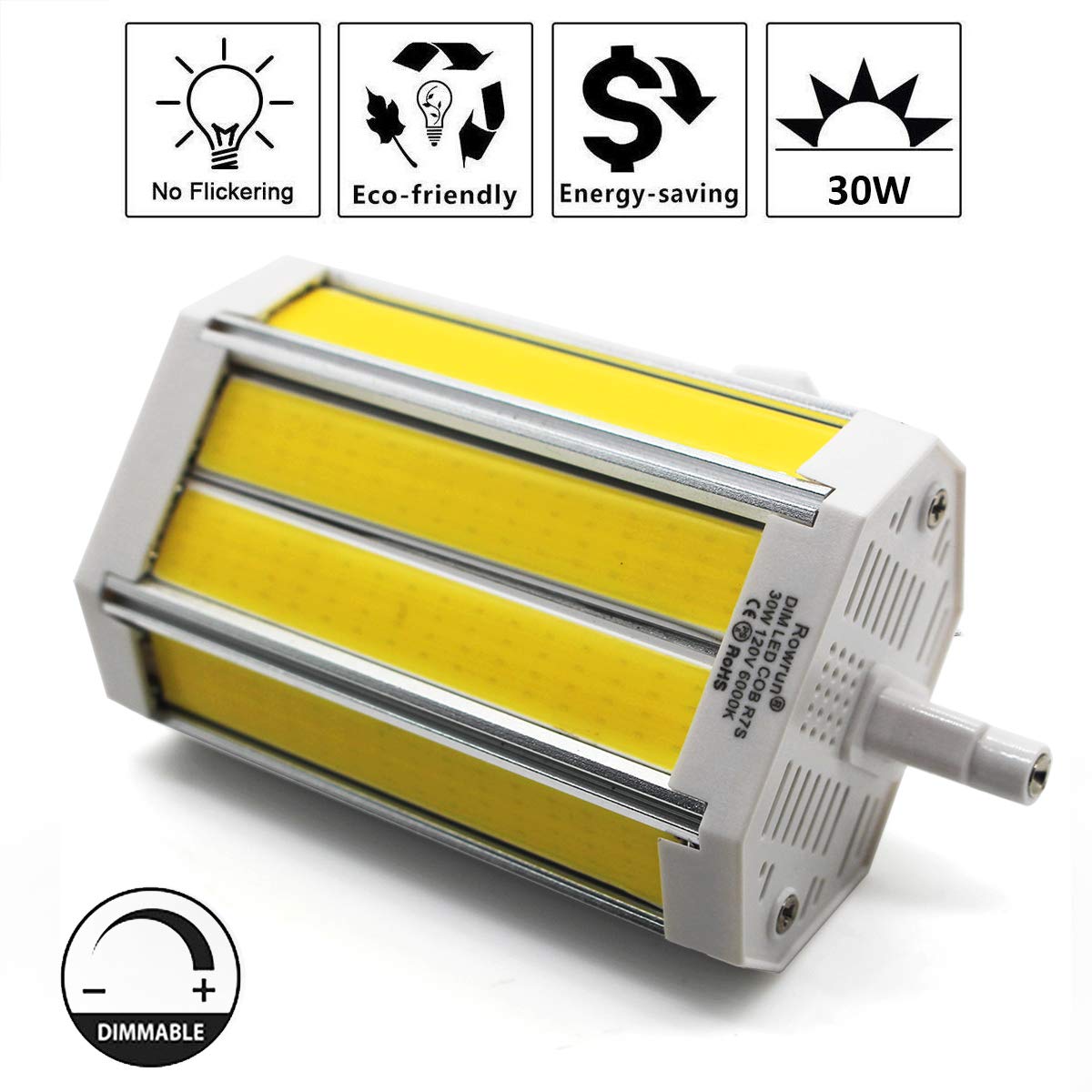 Rowrun R7S J118 30W Led Bulb Double Ended Base J-Type Dimmable Daylight White 6000K Cob Light Bulb 118Mm For Household Lighting