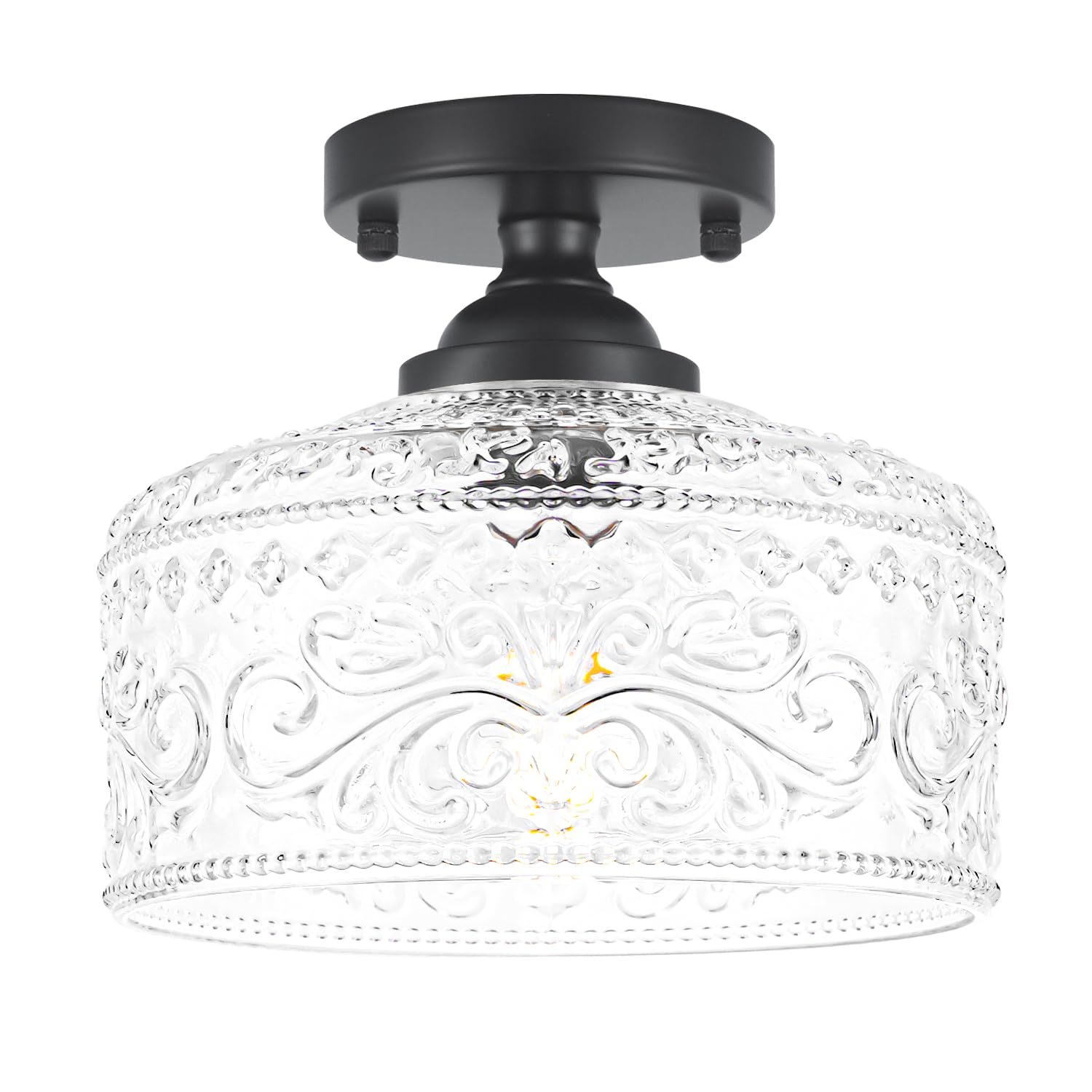 Small Semi Flush Mount Ceiling Light Fixture  Vintage Matte Black Close To Ceiling Lighting With Etched Glass Shade For Hallway  Kitchen  Entryway (Retro Design  Easy Install)