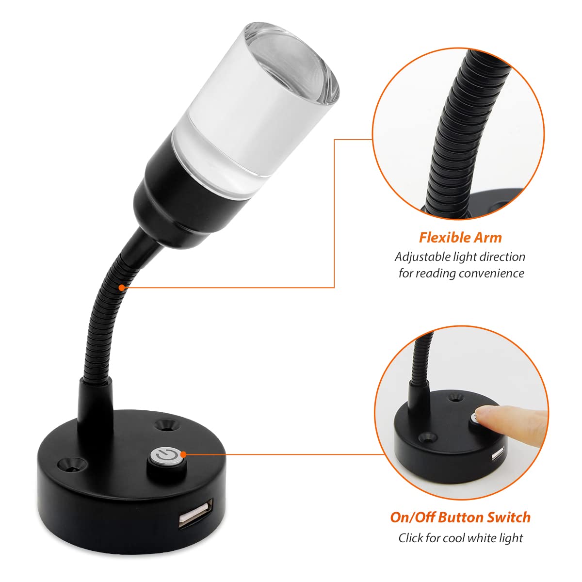 Dream Lighting RV Reading Lights, USB 12V LED Bedside Book Lamps, Black-Coated Steel, Pack of 2, Cool White Light