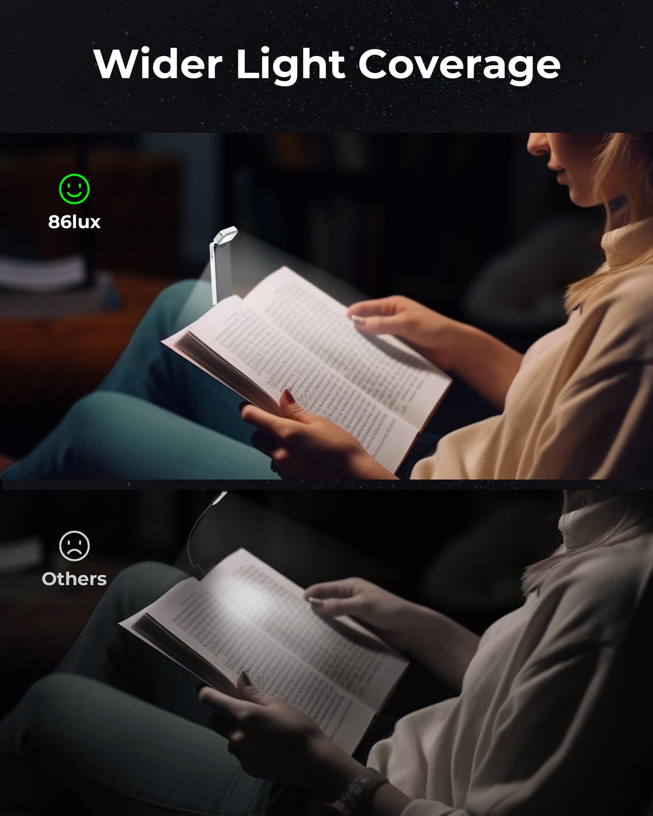 86lux Rechargeable Clip-On LED Book Light - 3 Color Temperatures, Stepless Dimming, Silver