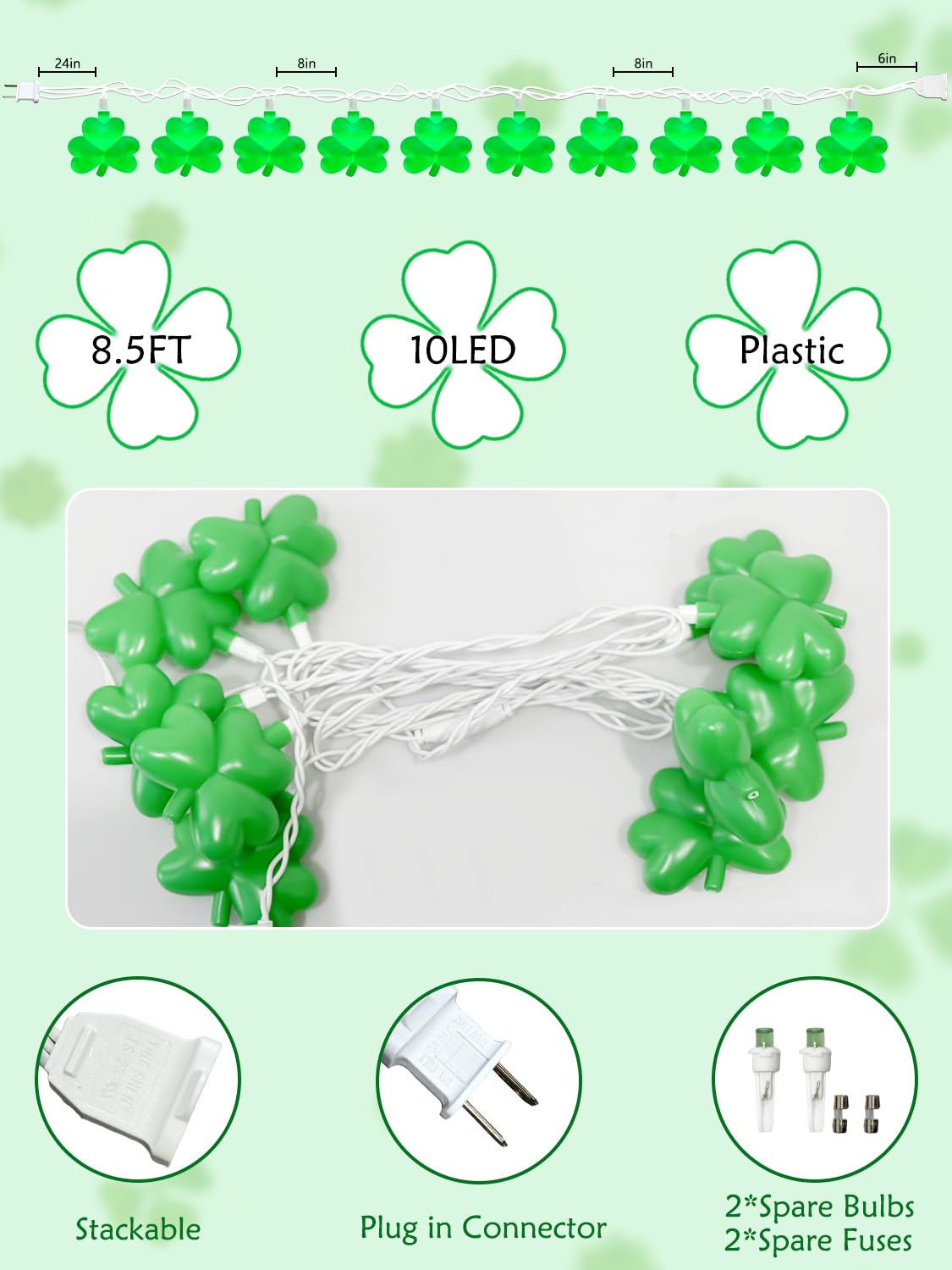 Sunsgne St. Patrick'S Day Lights Shamrocks Decorative String Lights, Lucky Clover String Lights With 10 Led Green Fairy Lights F
