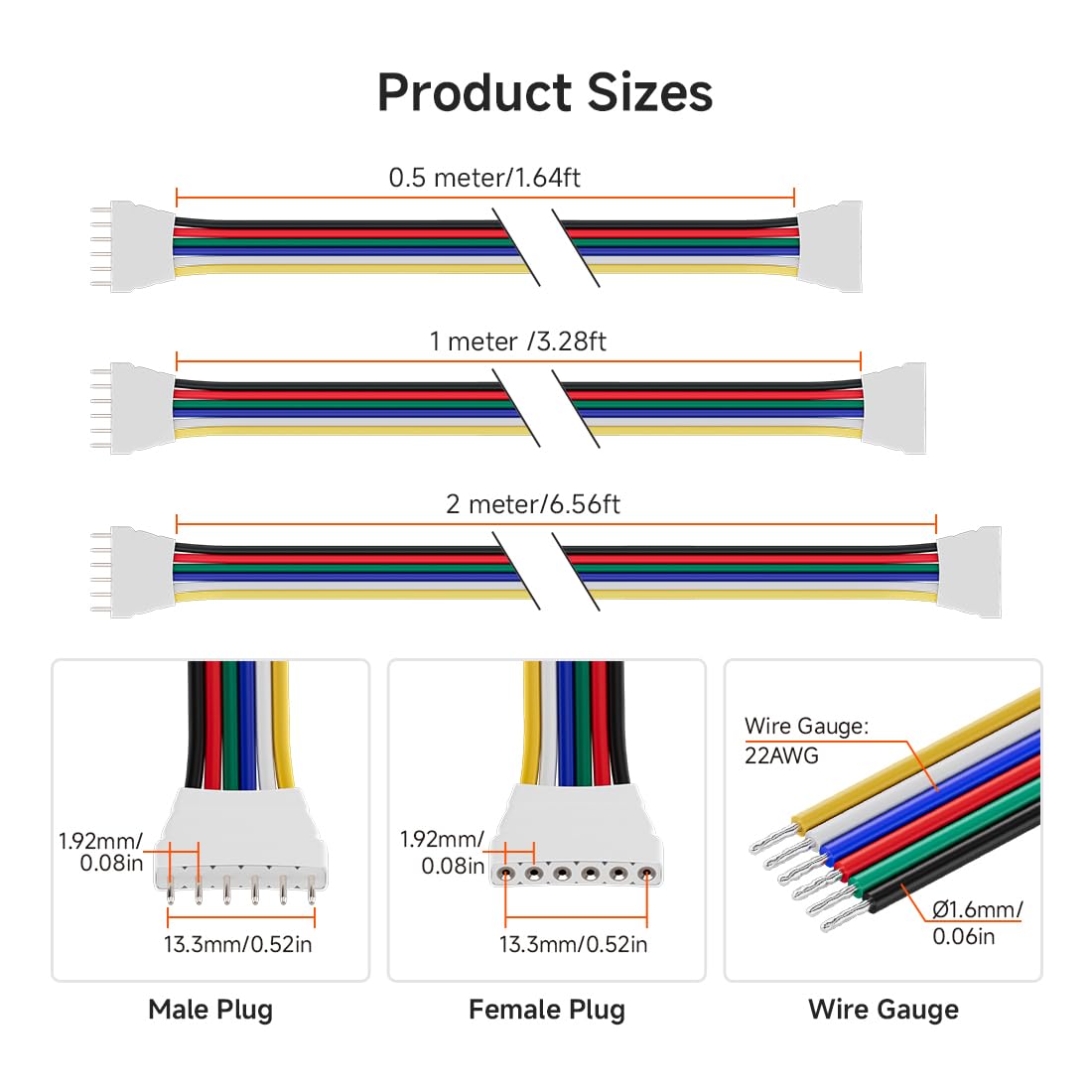 Btf-Lighting 5 Pack 22Awg 6 Pin Jst Male To Female Plug Led Connector 6.56Ft/2M Extension Cable For Fcob Smd Rgbcct Led Strip Lights Solderless Controller Wire