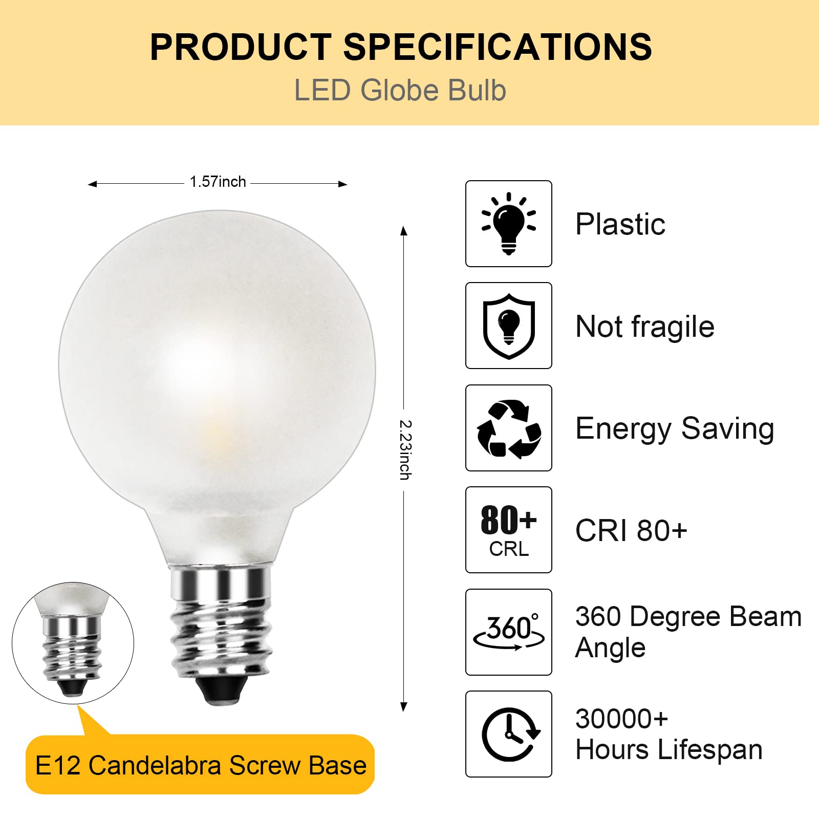 Doratale G40 LED Frosted White Candelabra Light Bulbs, 1.5 Inch, 0.6 Watt, E12 Base, 25 Pack