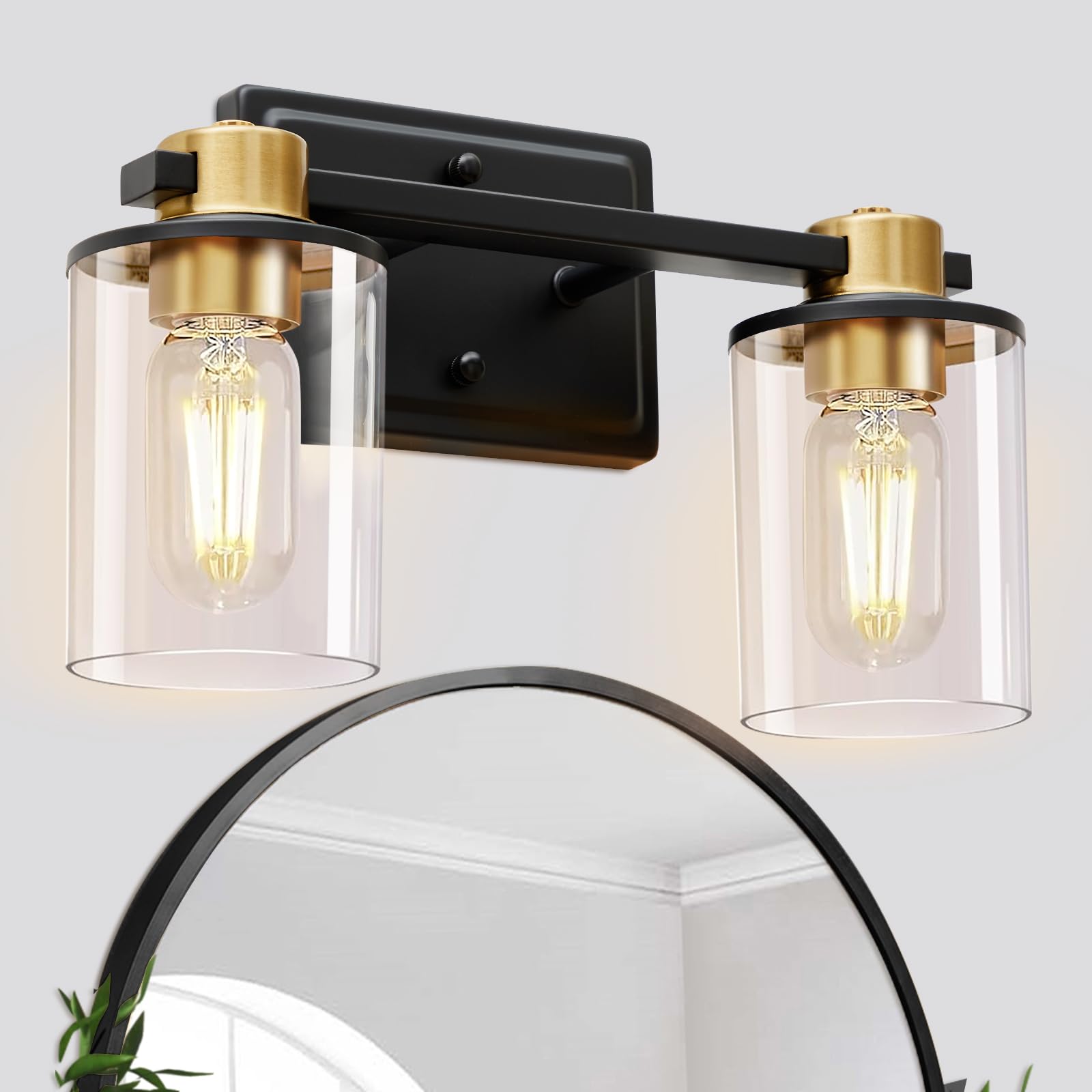 SANGFOR Bathroom Light Fixture, Modern Gold & Black Vanity Light, Clear Glass Shade, Metal Frame, E26 Base, Size M