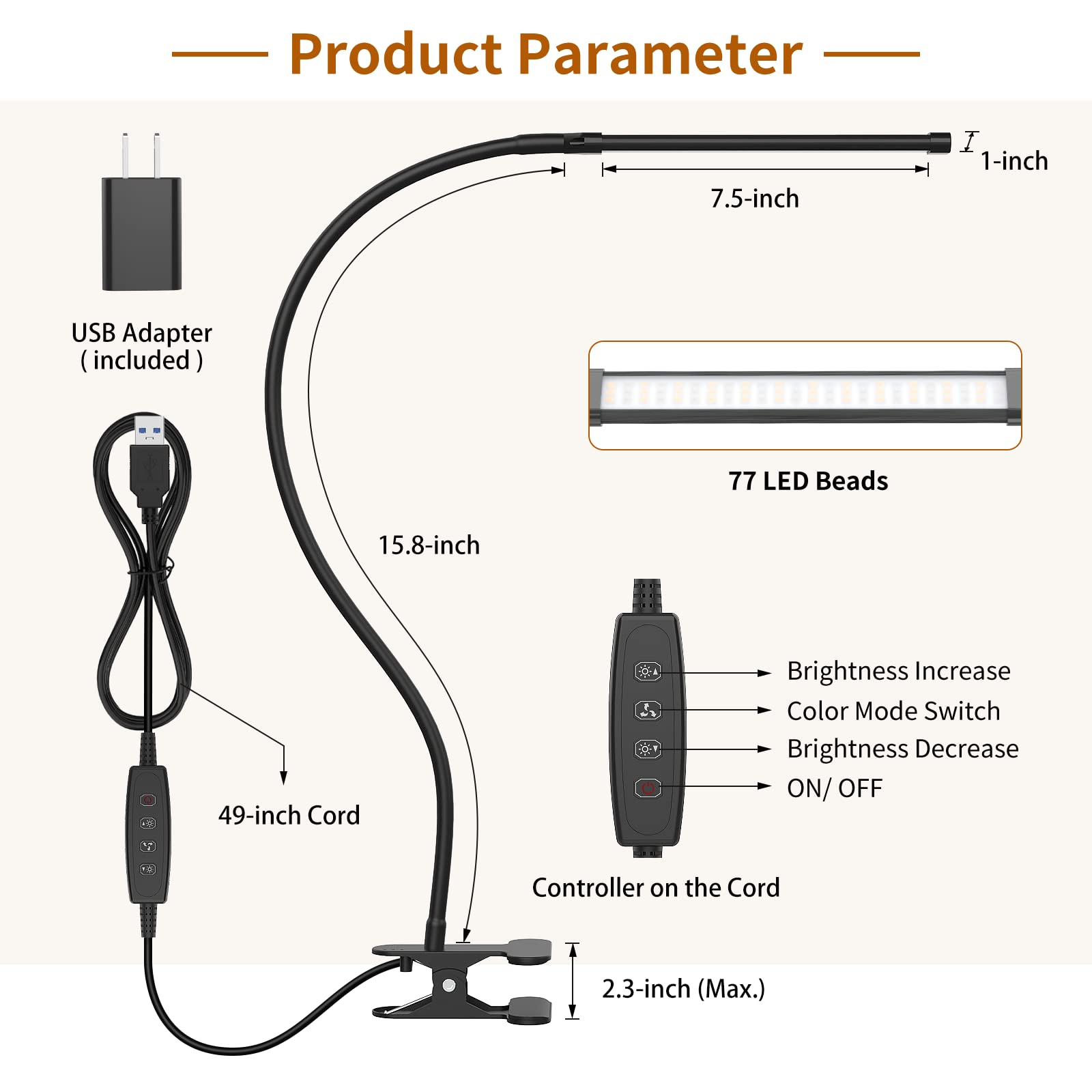 Izell Led Book Light Clip-On – 3 Color Modes, 10 Brightness Levels, Flexible Gooseneck, 15.8 Height, Black, Model Tbl401-Bk