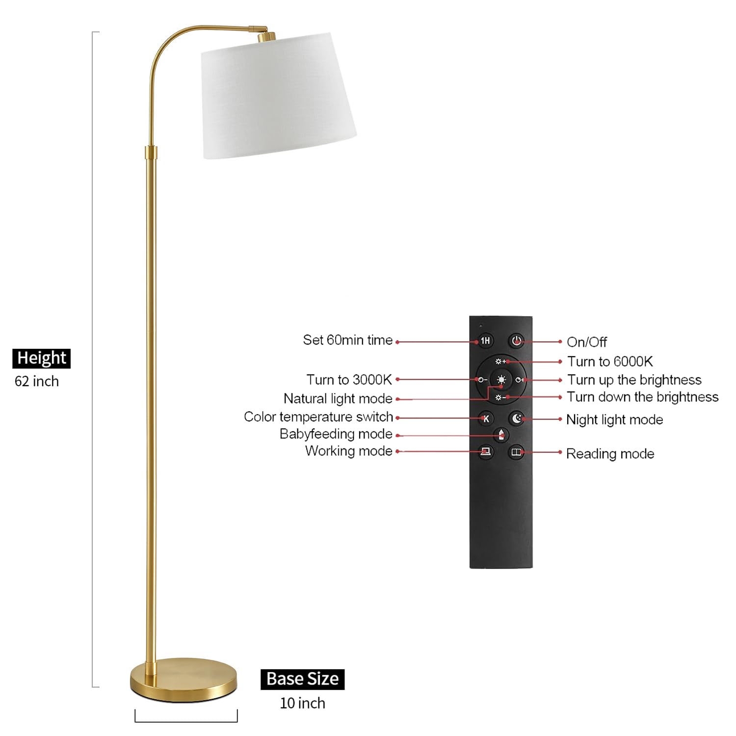 Oneach 62'' Arc Floor Lamp For Living Rooms, Gold Tall Standing Lamps With Remote And Stepless Dimmable Bulb, Modern Reading Lig