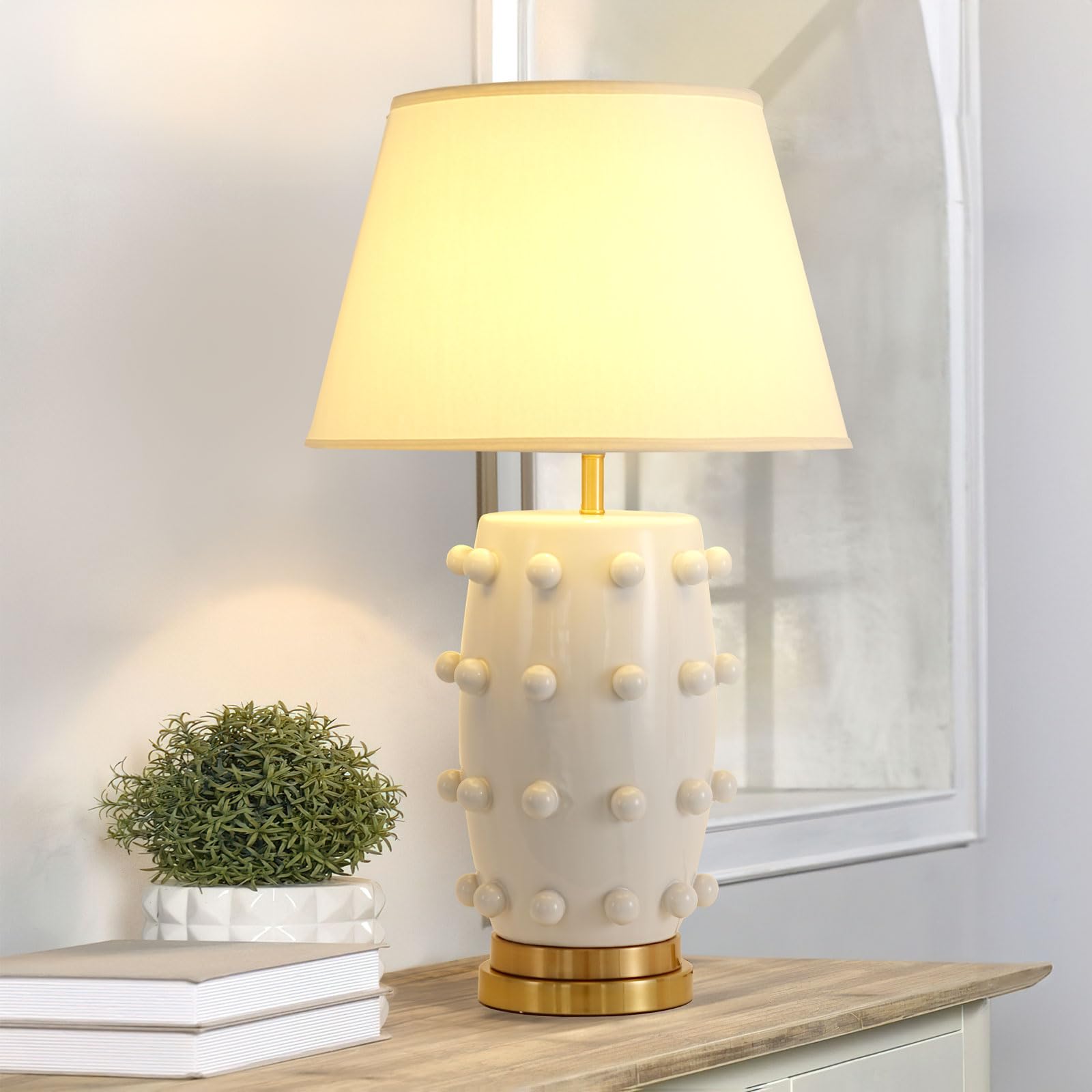 CKENSU Modern Ceramic Linden Table Lamp - 30 White Ball Farmhouse Design, Classic Nightstand Large Linden Lamp Tapered Drum Shad