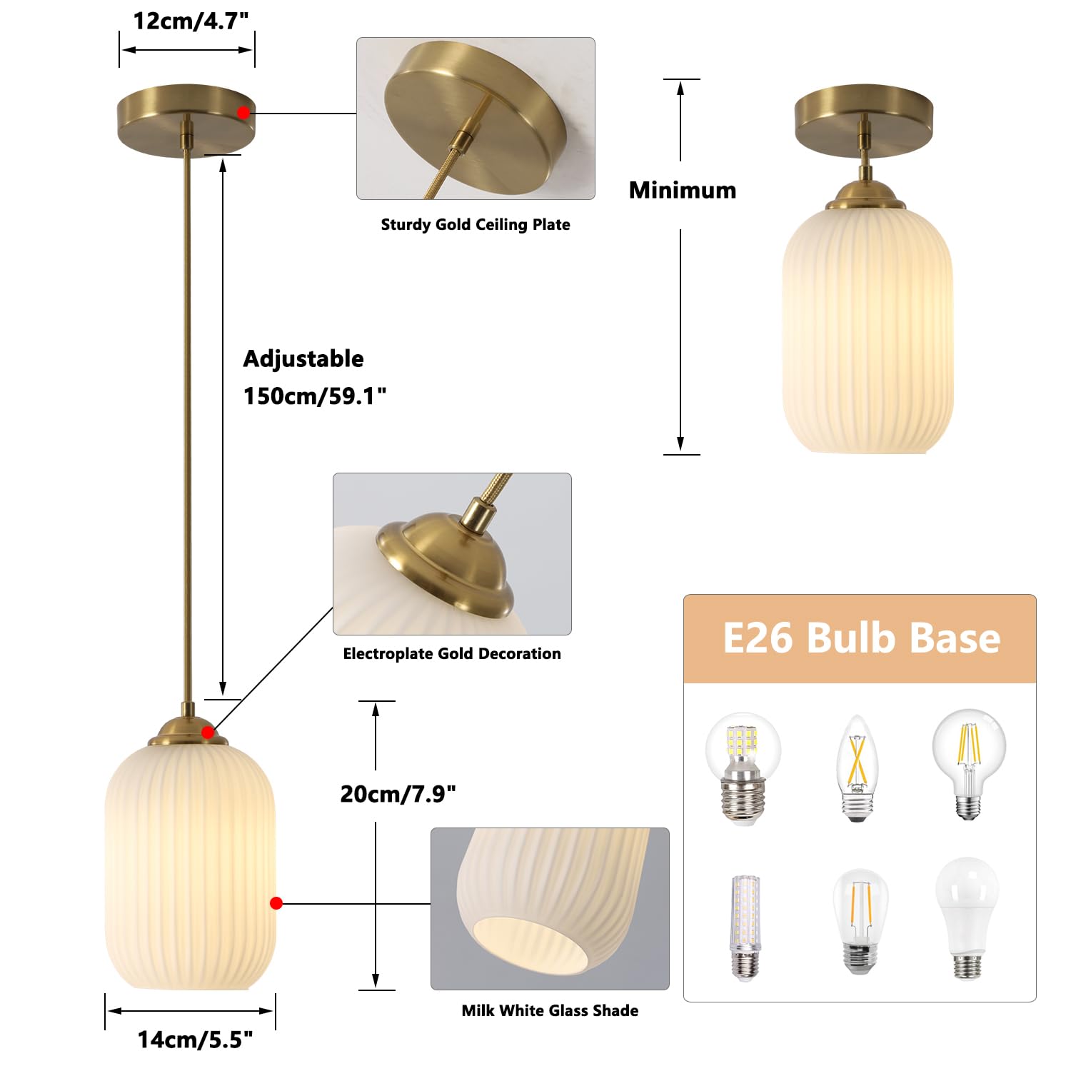 Kco Lighting Mid Century Modern White Oval Glass Gold Pendant Light Nordic 1-Light Brushed Brass Dining Pendant Lights Mini Glob