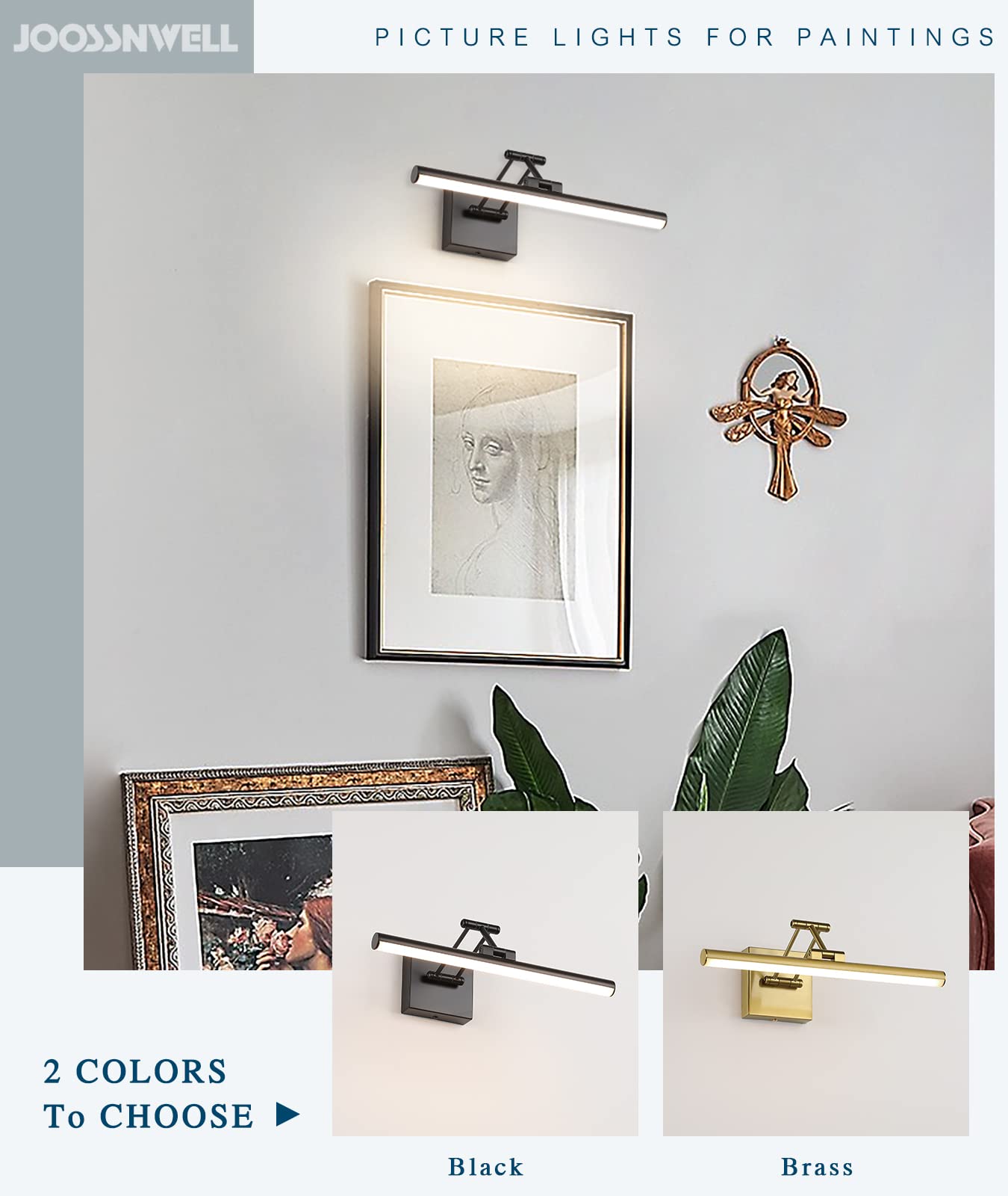 Joossnwell LED Picture Light, 15.5" Dimmable Black Art Lamp, Hard-Wired, Adjustable Swing Arm, Model 9890, Warm White 3000K