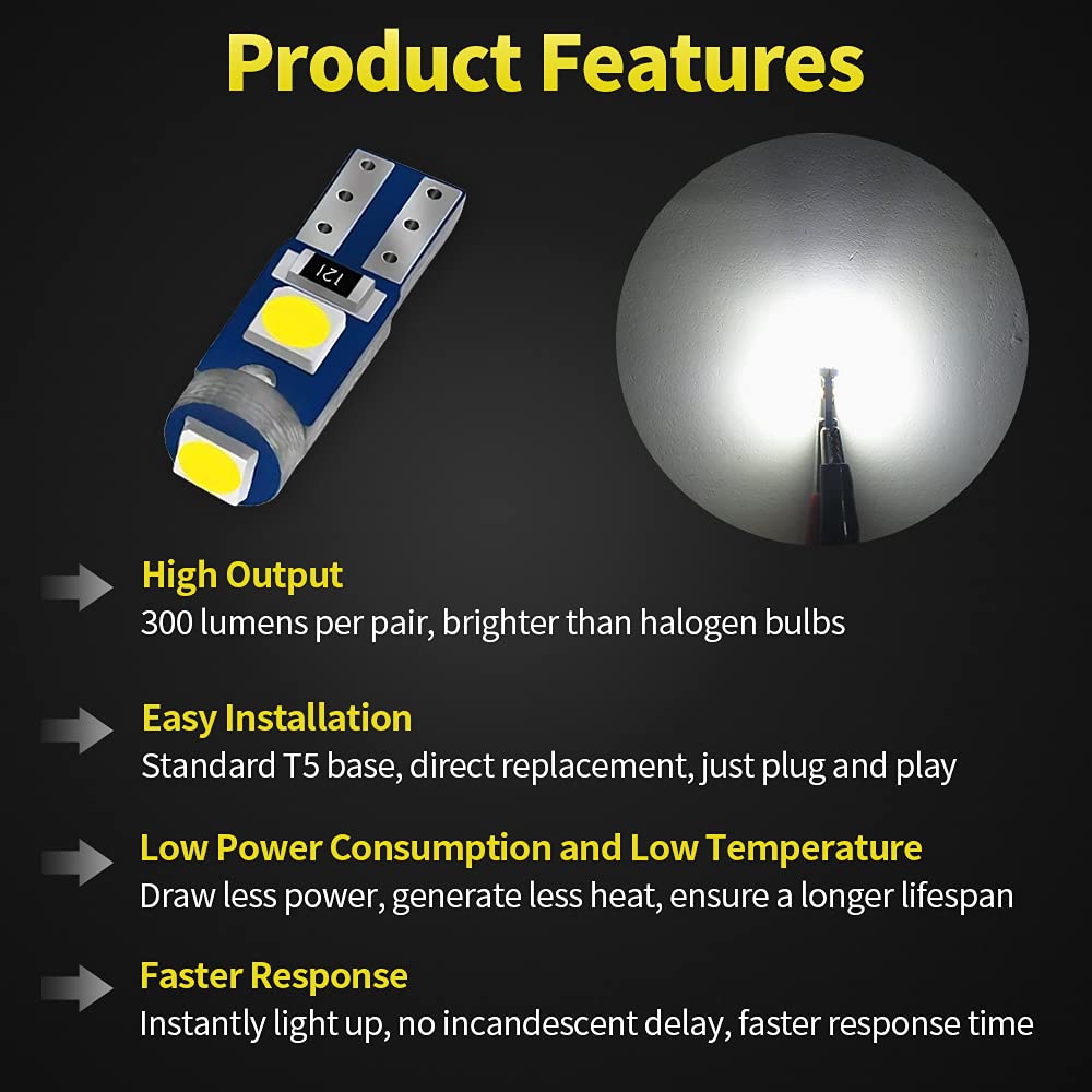 AUXLIGHT T5 LED Bulbs - 20 Piece Dashboard Lights, 6000K White, Model AUXLED-T5-3SMD-20W, Ideal for Interior Dome & Instrument Panel