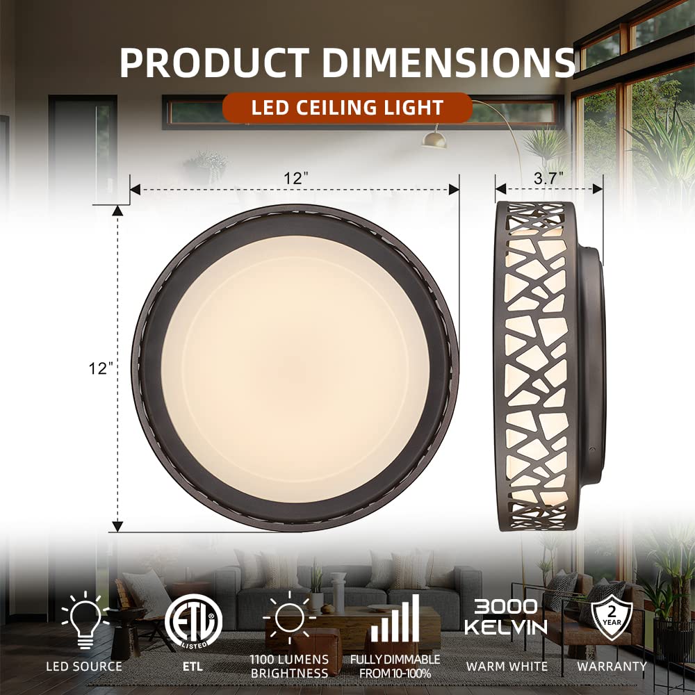 Vicnie 12&quot; Led Dimmable Flush Mount Ceiling Light, 3000K Warm White, Oil Rubbed Bronze,