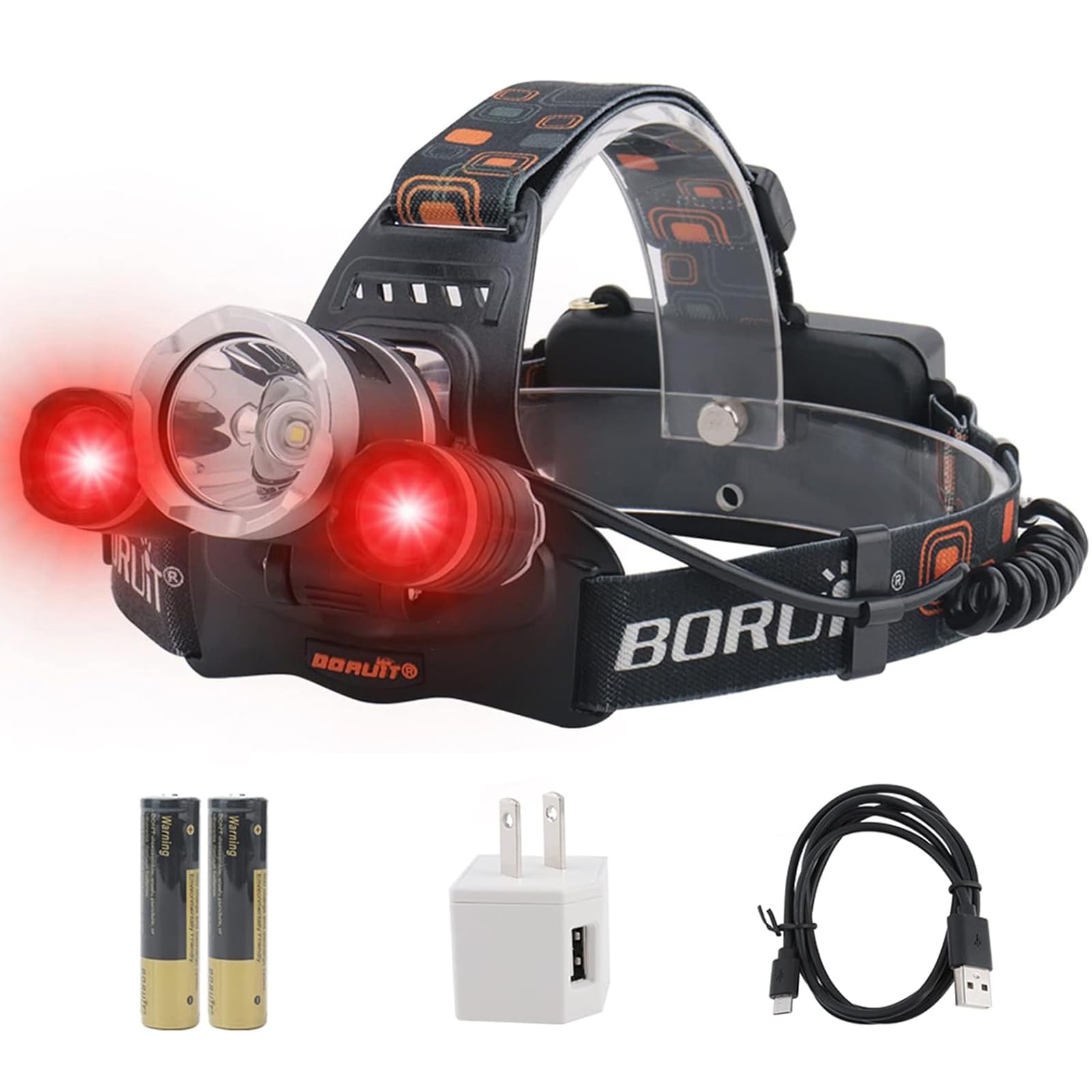 BORUIT RJ-3000 LED Headlamp, 5000 Lumens, 3 Modes, Rechargeable, Black, White & Red Light for Camping, Hiking, Fishing