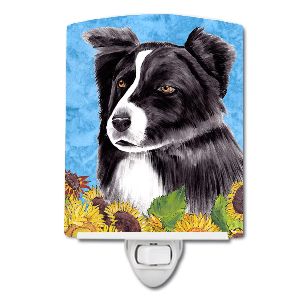 Caroline'S Treasures Sc9071Cnl Border Collie In Summer Flowers Ceramic Night Light Compact, Ul-Certified, Ideal For Bedroom, Bathroom, Nursery, Hallway, Kitchen, 6X4X3, Multicolor