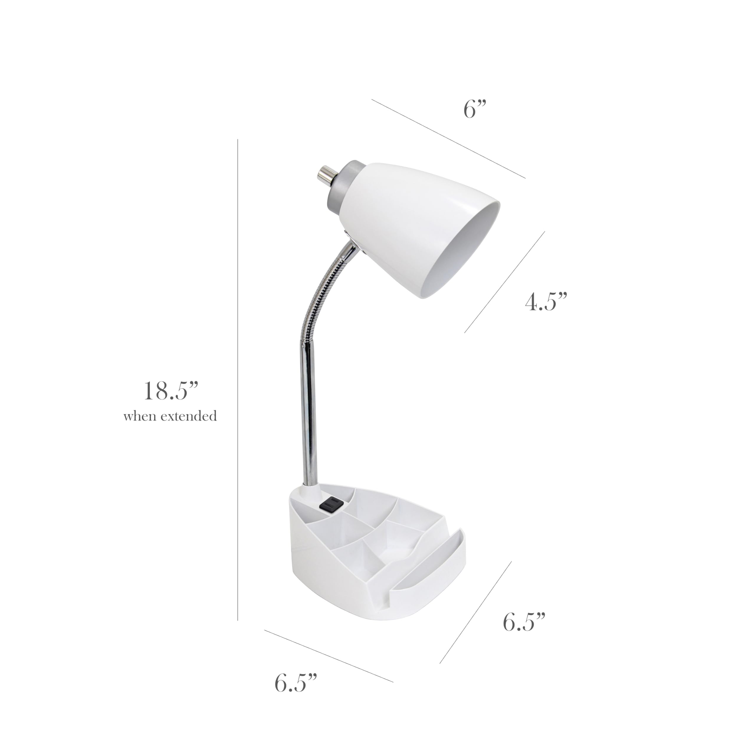 Simple Designs LD1094-WHT 18.5 All-in-One Gooseneck Desk Lamp with iPad Stand, Book Holder, and Convenient Charging Outlet, for