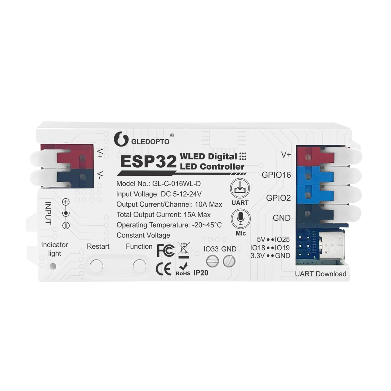 Esp32 Wled Led Strip Light Controller 15A Fuse Music Mic Diy Dynamic Lighting Uart Usb-C Download Energy Save Relay App Control Rgb Ic Addressable Digital Ws2811 Ws2812 Sk6812 Tm1814 Ws2813 Ws2815 Etc