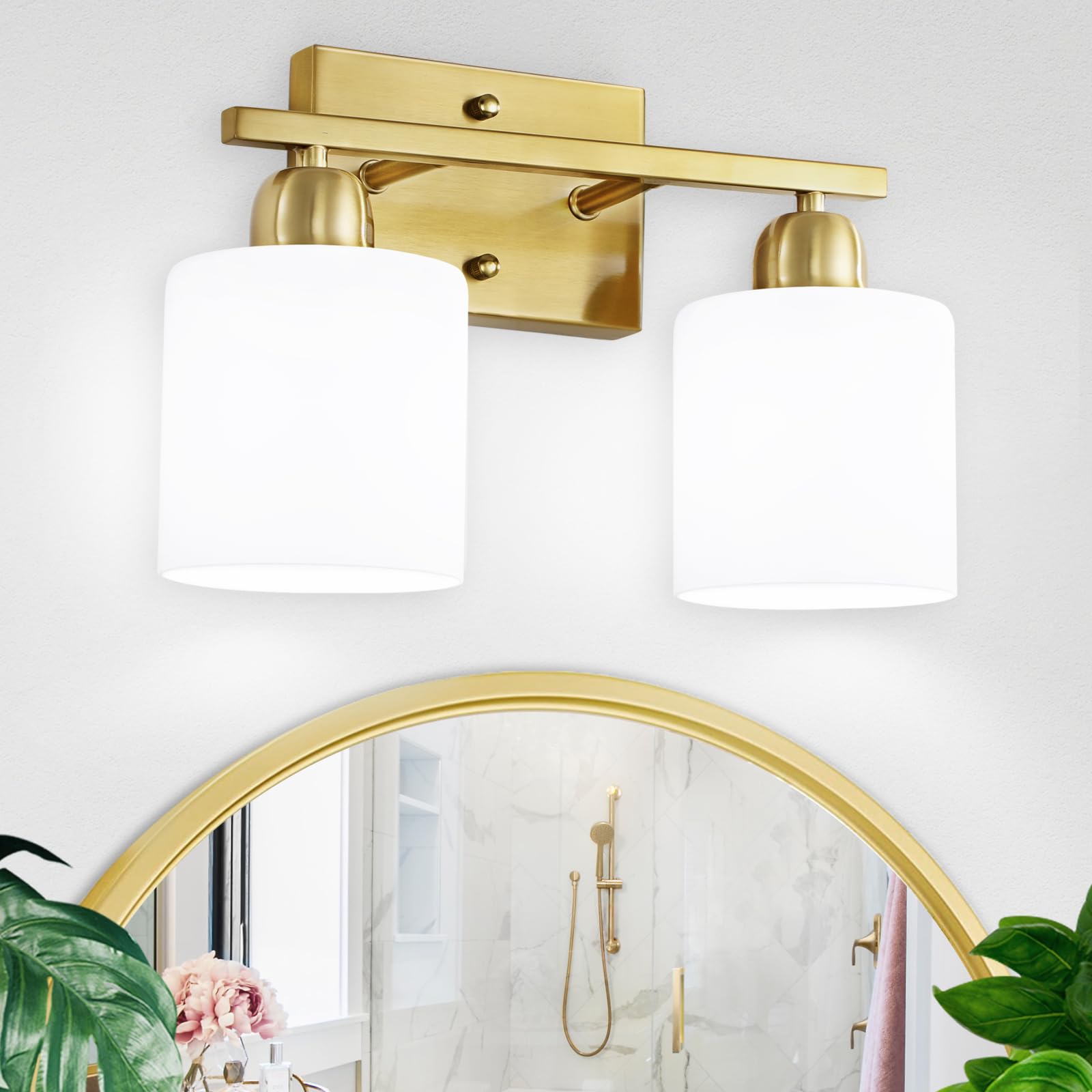 FAISHILAN 2-Light Brushed Gold Vanity Lights for Bathroom, Gold Vanity Lights for Bathroom with Milky White Frosted Glass Shades