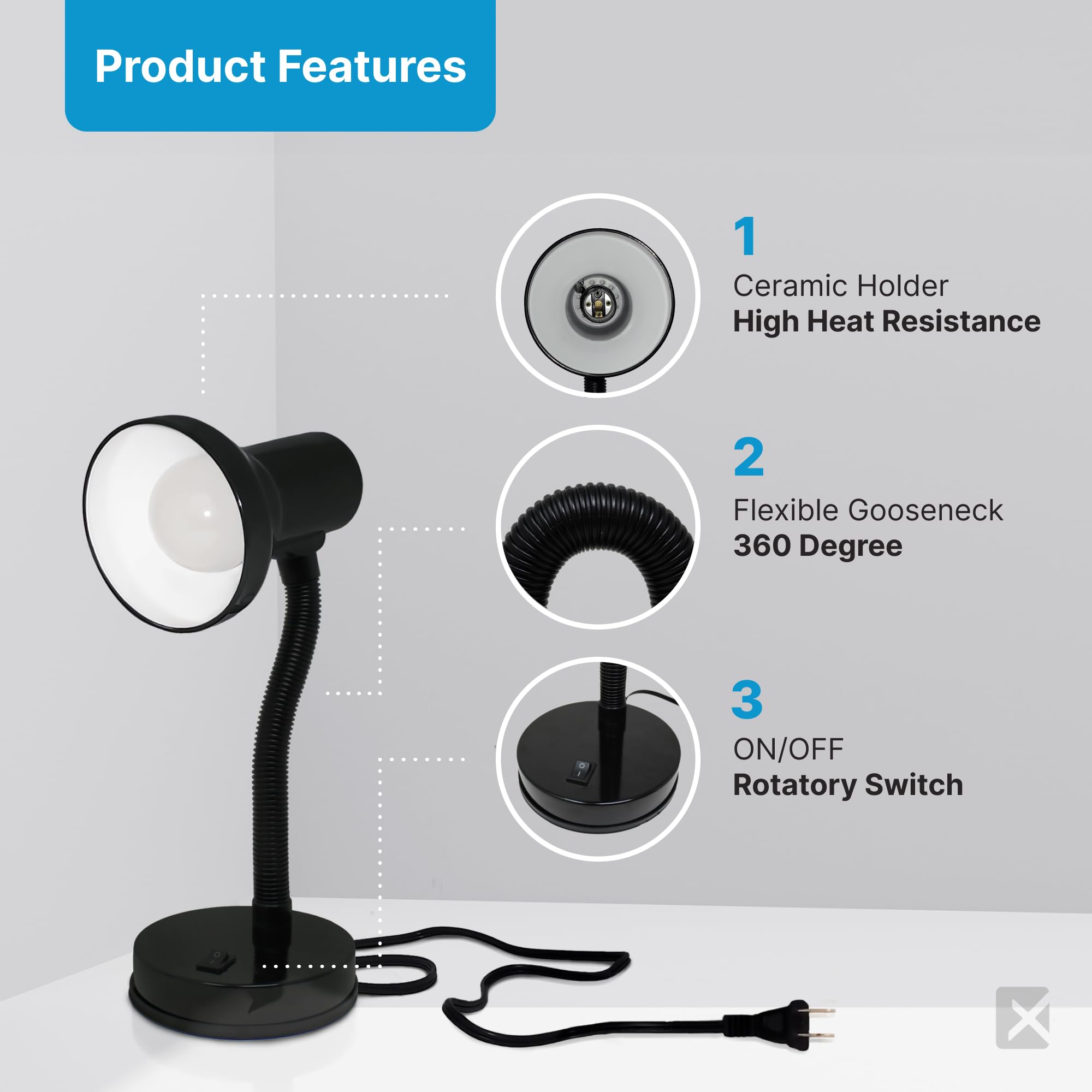 Xtricity LED Desk Light, 360? Adjustable Gooseneck, Home and Office Lamp with 7W A19 Bulb, 120V, On/Off Switch, 14Height - Readi