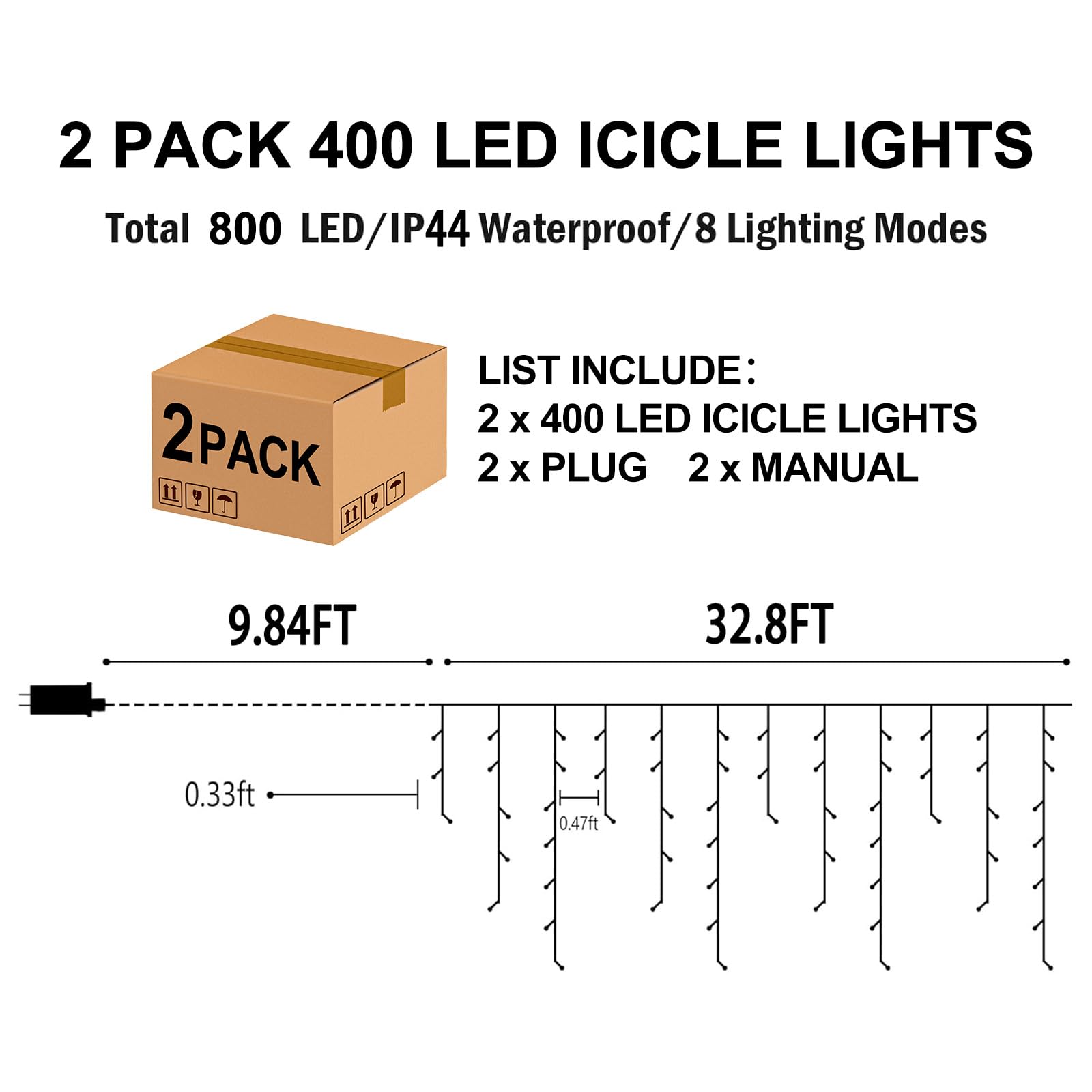 Hezbjiti 800LED Icicle Lights, 32.8FT String Lights, 8 Modes, Multicolor, 2 Pack, Model HB01-MNO1005-JDY