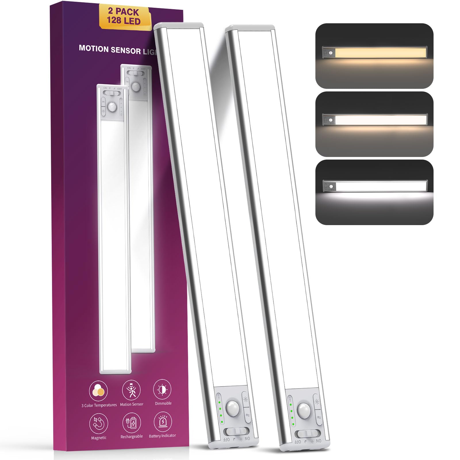 OTWKAY 14.5inch Under Cabinet Lighting with 3 Color Temps, 2 Pack Rechargeable Motion Sensor Lights Indoor, Dimmable Under Count