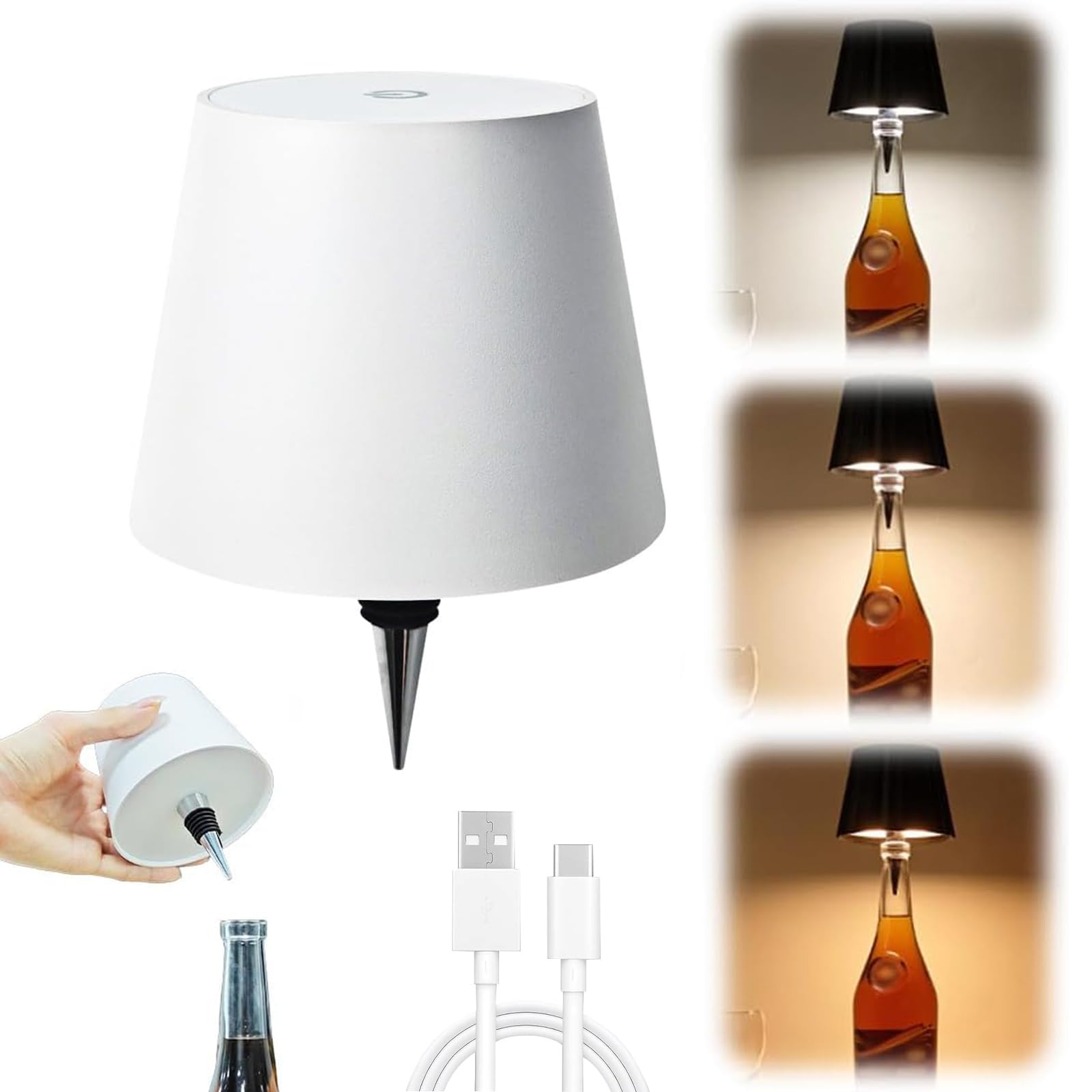 zmiao Wireless Bottle Lamp, Portable LED Wireless Bottle Lamp with 3 Modes Light Dimming, Rechargeable Wine Bottle Light Head, T