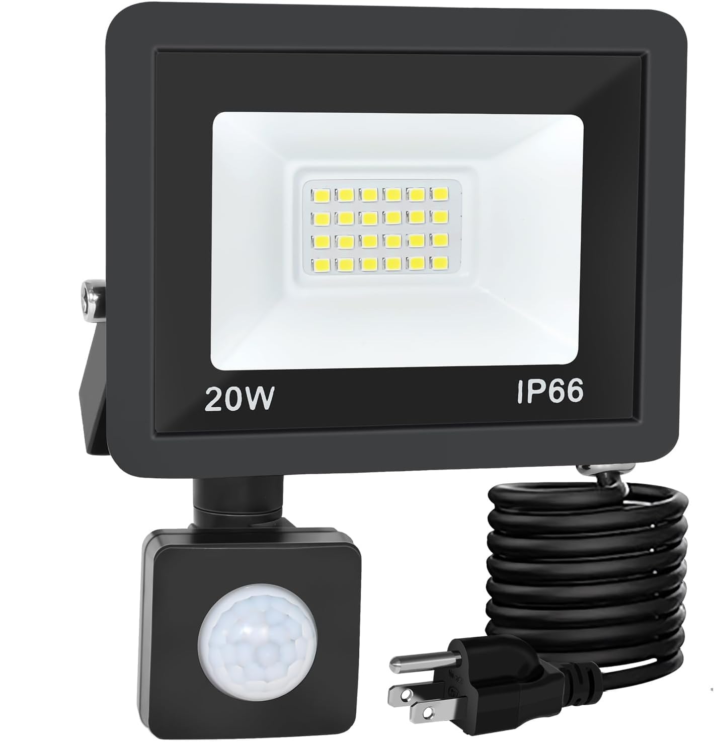 RERBIO 20W Motion Sensor Flood Light, IP66 Waterproof, 6000K Bright, Plug-in with 4.9ft Cord, Black