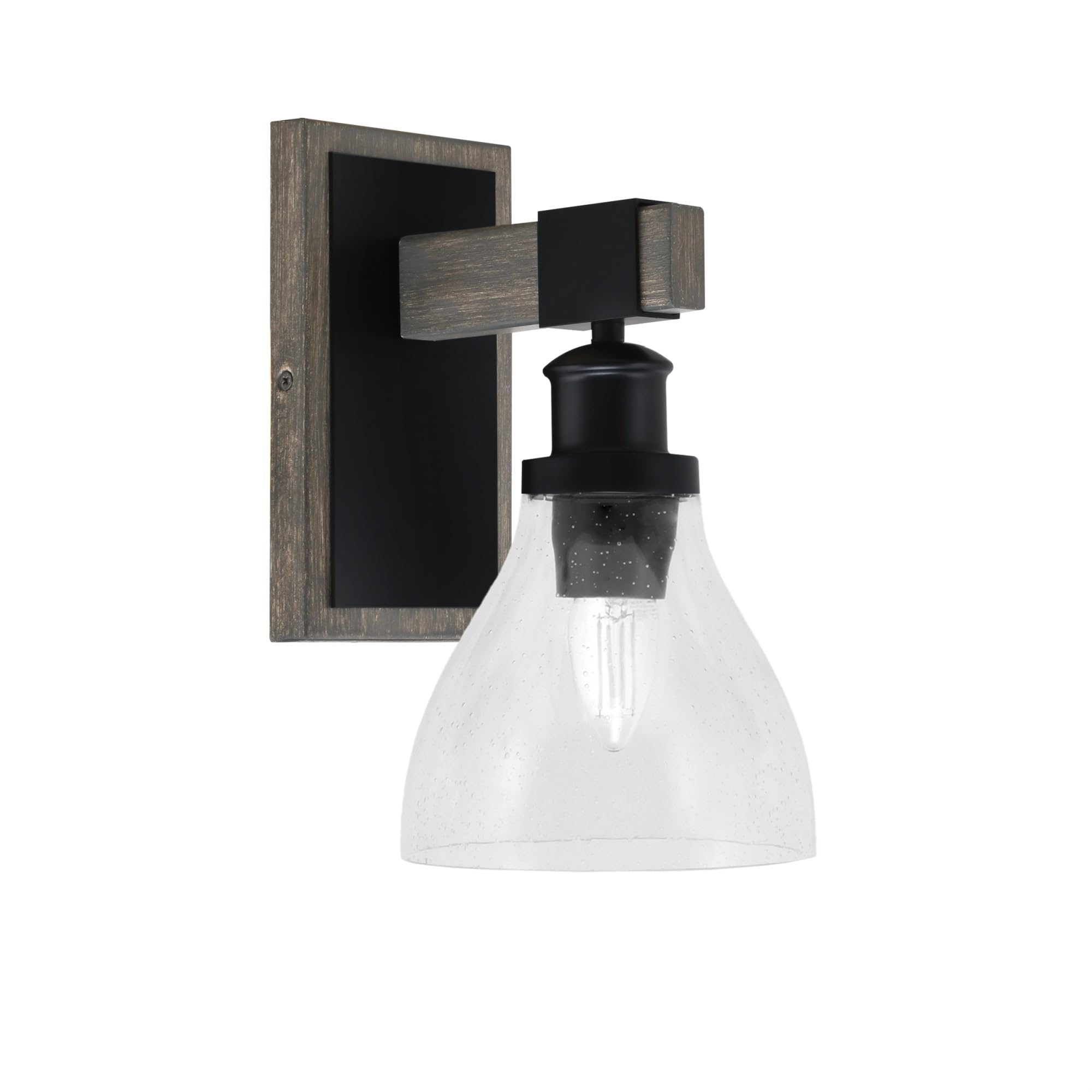 Toltec Lighting Tacoma Light Wall Sconce, Matte Black, Distressed Wood-Look Metal, 6.25in Clear Bubble Glass