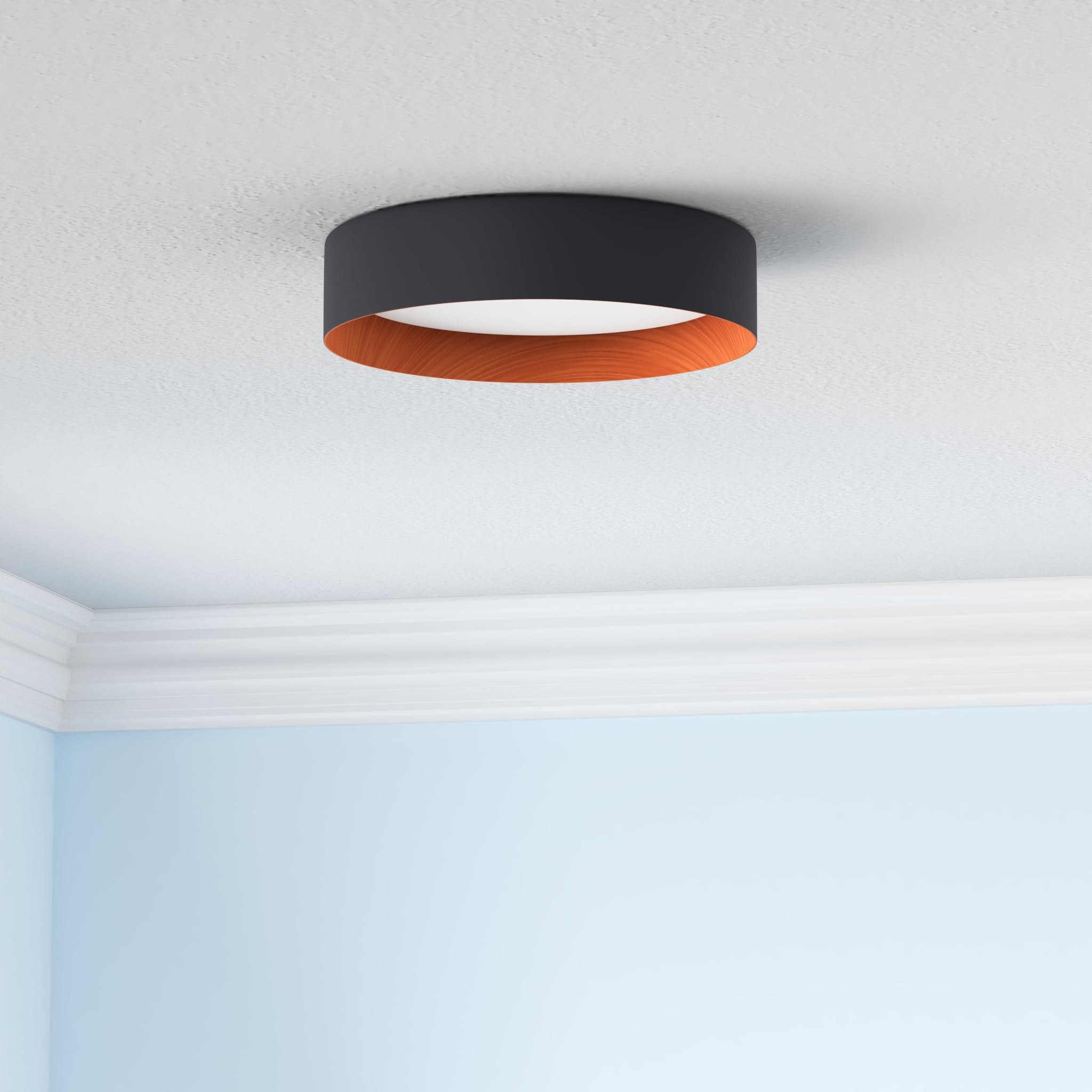 Bargeni Flush Mount Ceiling Light,13 Inch Ceiling Light Fixtures,Matte Black With Wood Accent,3000K/Warm White/18W(100W Equiv.),