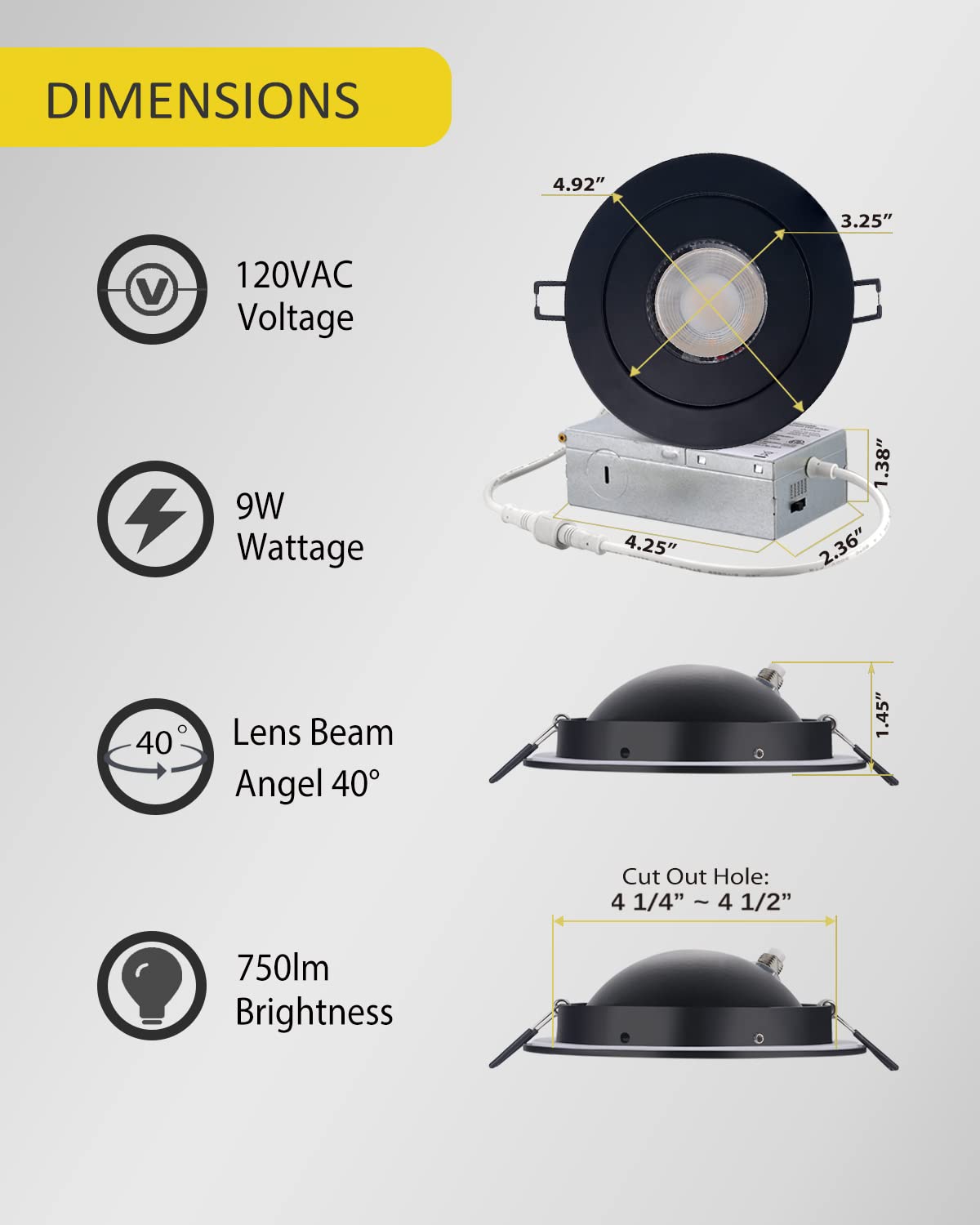 Popanu Gimbal Led Recessed Light - 4 Inch Black 9W 360° Rotation Directional Adjustable Eyeball Sloped Ceiling Recessed Lighting 4 Inch Light Wafer Soffit Indoor Spotlight Canless Black 4 Inch 6 Pack