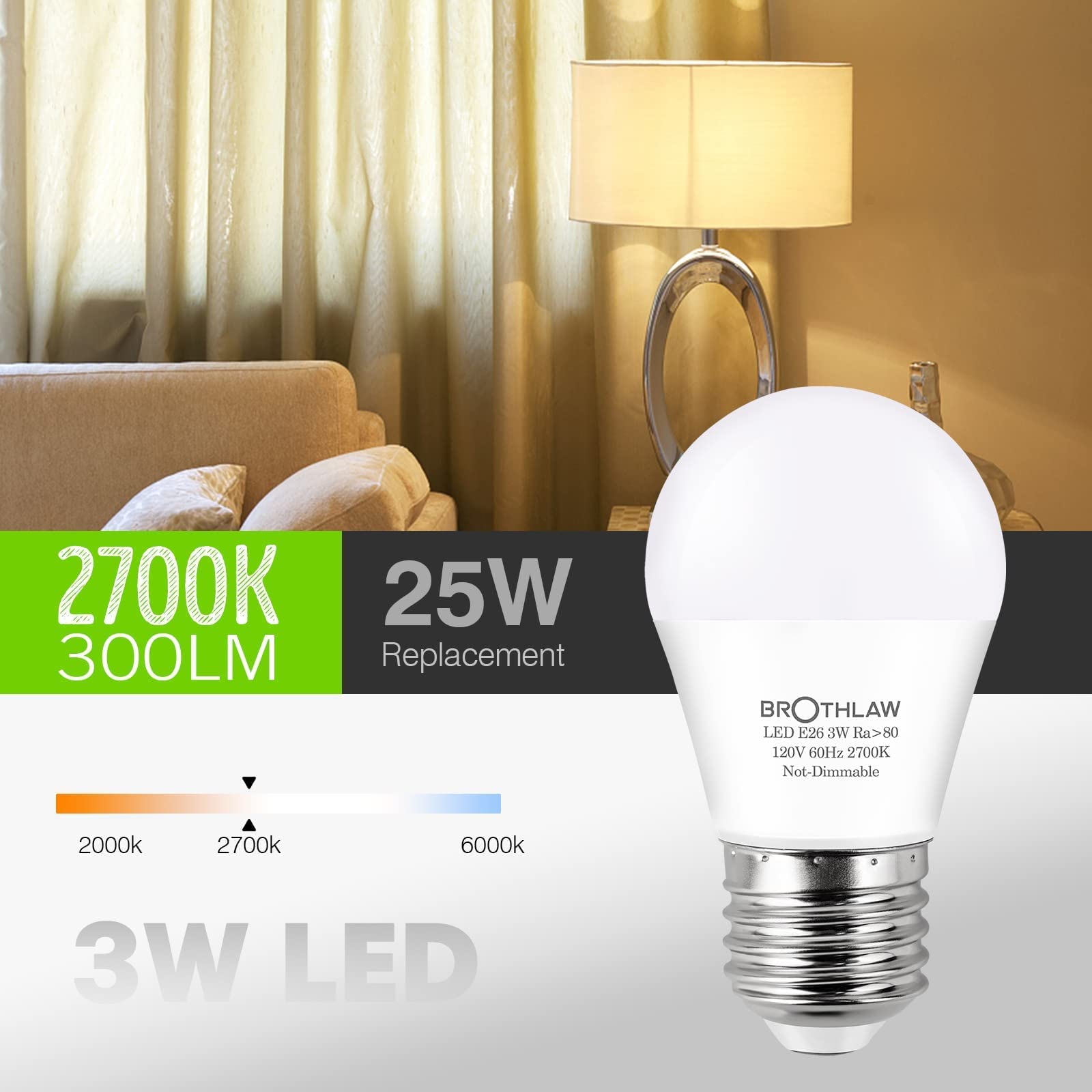 Brothlaw A15 LED Bulb 3W E26 Base 2700K Warm White, 4 Count, Plastic