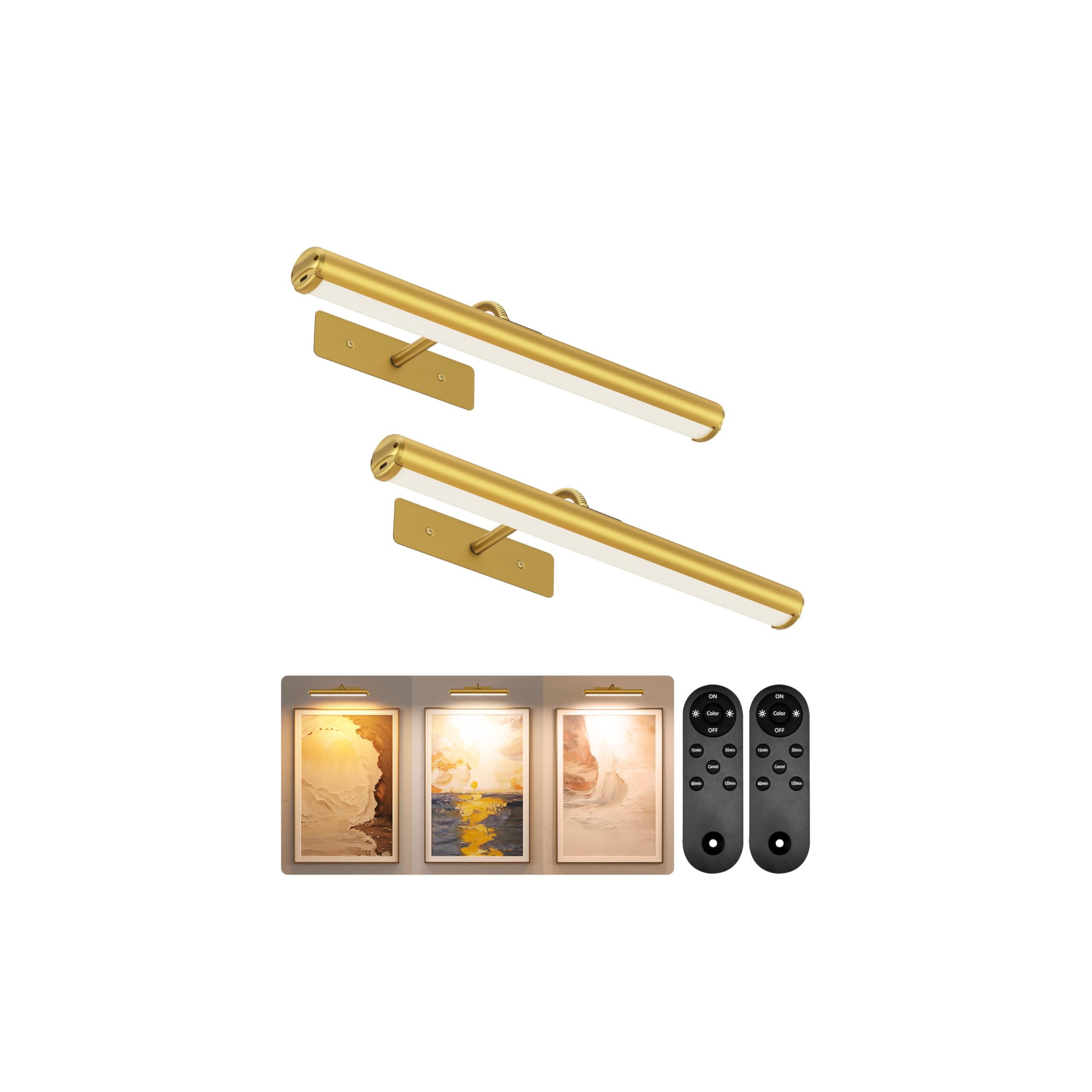 EZVALO Picture Light for Wall  13in Wireless Rechargeable 4000mAh LED Art Light with Remote  Dimmable 3 Color Temps  Battery Operated Wall Light for Living Room  Bedroom  Gallery (Gold  2 Pack Set)