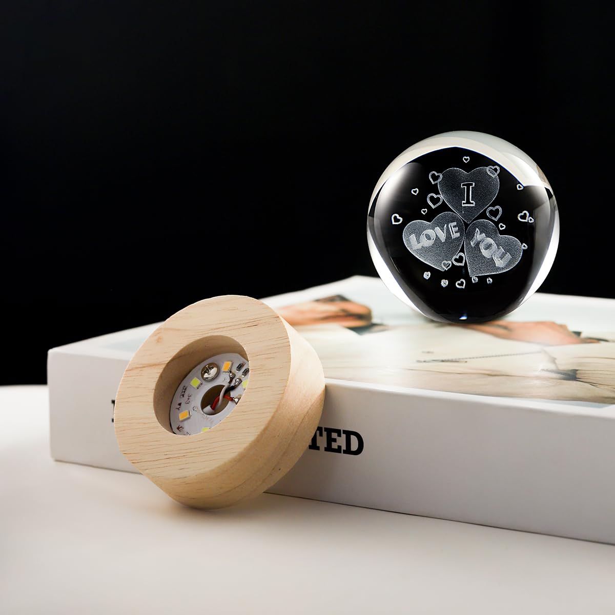 Hochance 3D Heart Crystal Ball Lamp With Adjustable Brightness Led Wooden Base Night Light For Kids Teens mature-themeds Birthday Gift Home Desk Office Bedroom Decor (6Cm / 2.4 )