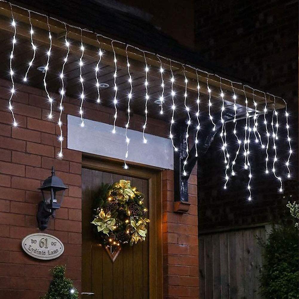 Qunlight LED Icicle Lights, 300 LEDs, 33ft, 8 Modes, Curtain Fairy Light with 60 Drops, Clear Wire LED String for Christmas/Than