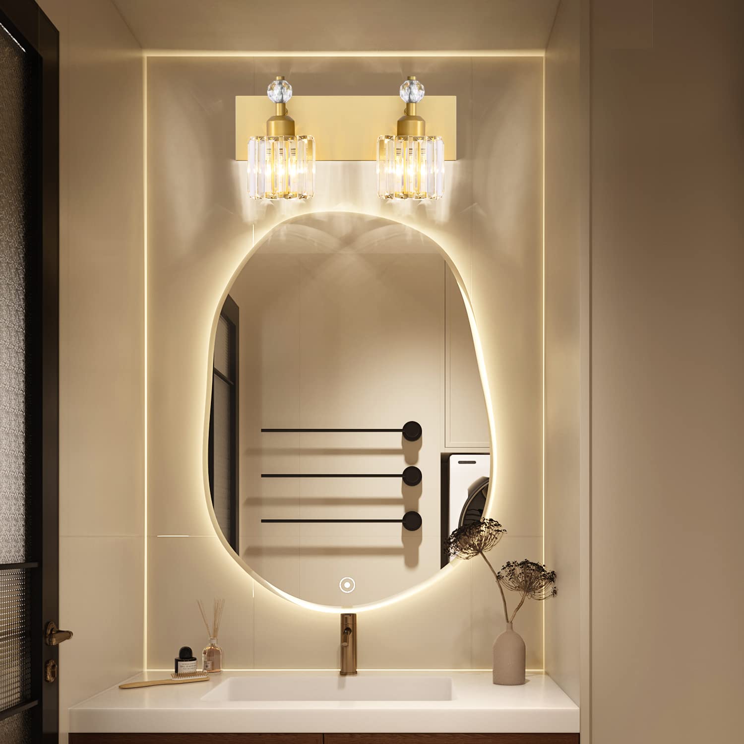 Presde Modern Chrome 2-Light Bathroom Vanity Light - Stainless Steel, Gold Finish, Over Mirror Sconce