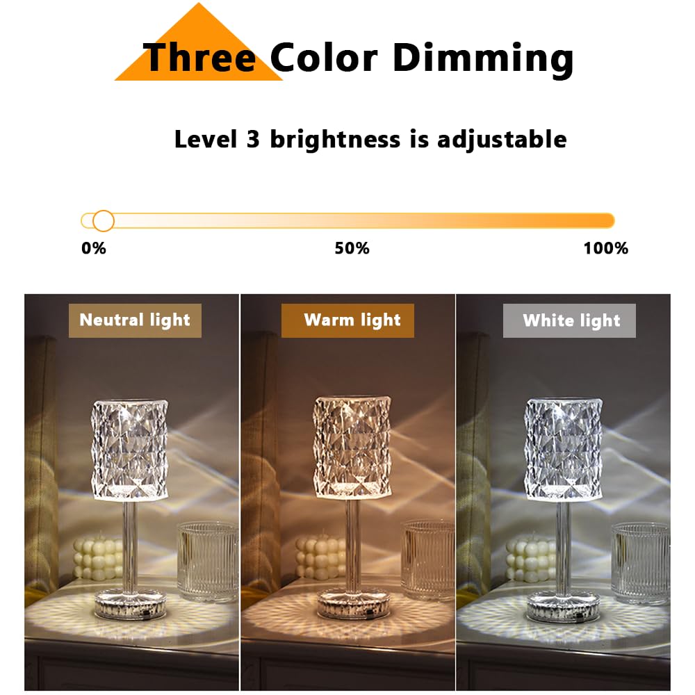 Ejfoiej Portable Crystal Led Table Lamp, 3-Levels Brightness Desk Lamp, 3 Color Touch Control Rechargeable Lamp, Night Light, Be