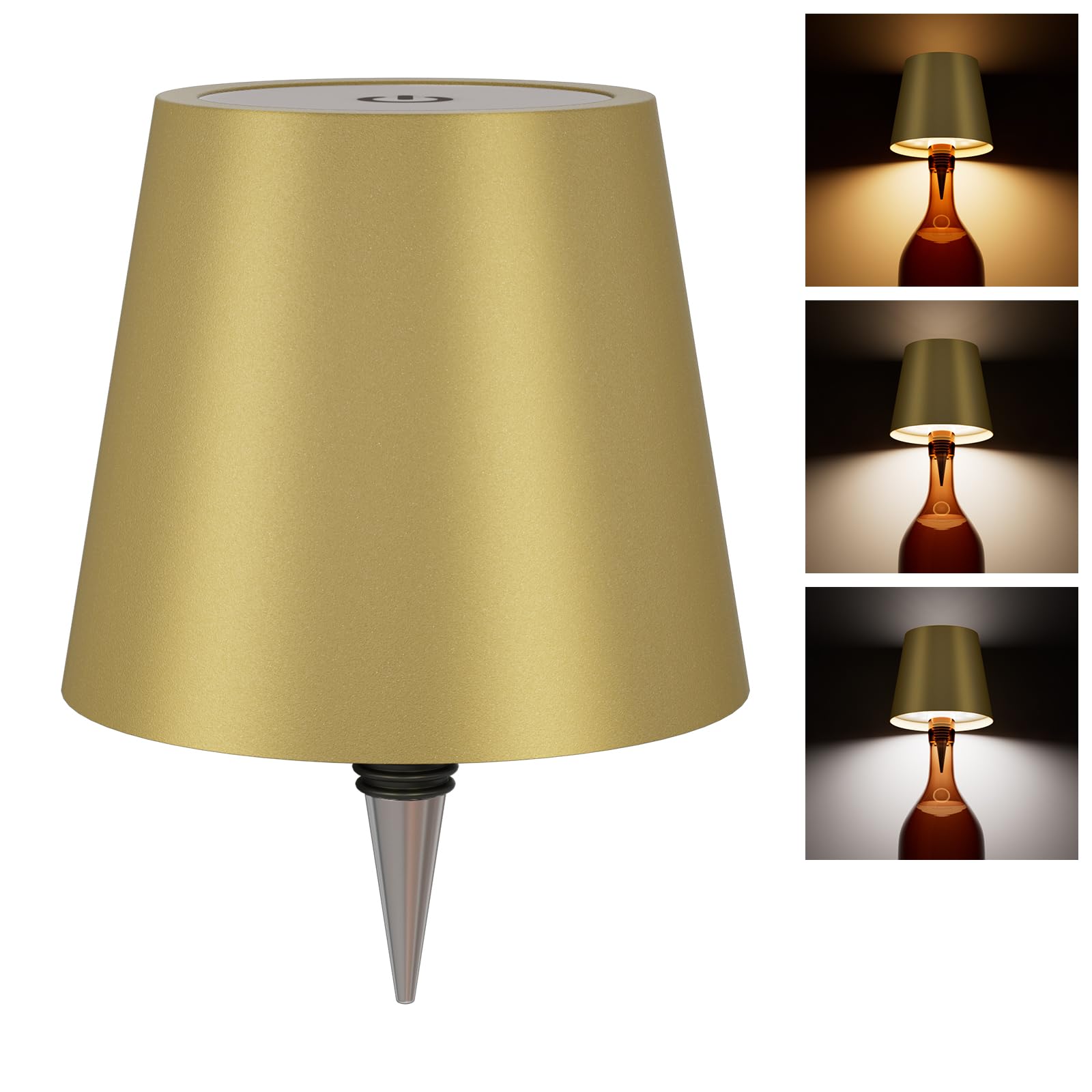 WOKWOYIO Wireless Bottle Lamp - Rechargeable LED Desk Lamp with 3 Color Temperatures - Gold, Metal