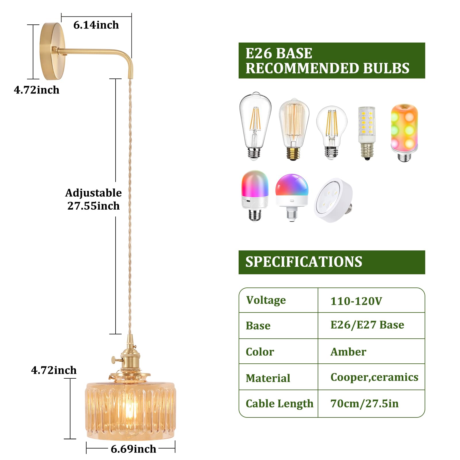 Shenmoyl Vintage Wall Sconce - Brass Adjustable Chain Lamp, Amber Striped Shade, Hardwired, Model 1-944, Retro Gold Decor for Bedroom