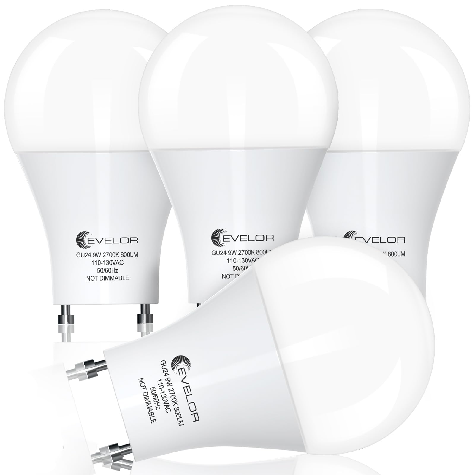 evelor GU24 LED Light Bulb 60W Equivalent 9W Soft White 2700K Non-Dimmable 800 Lumens 4-Pack