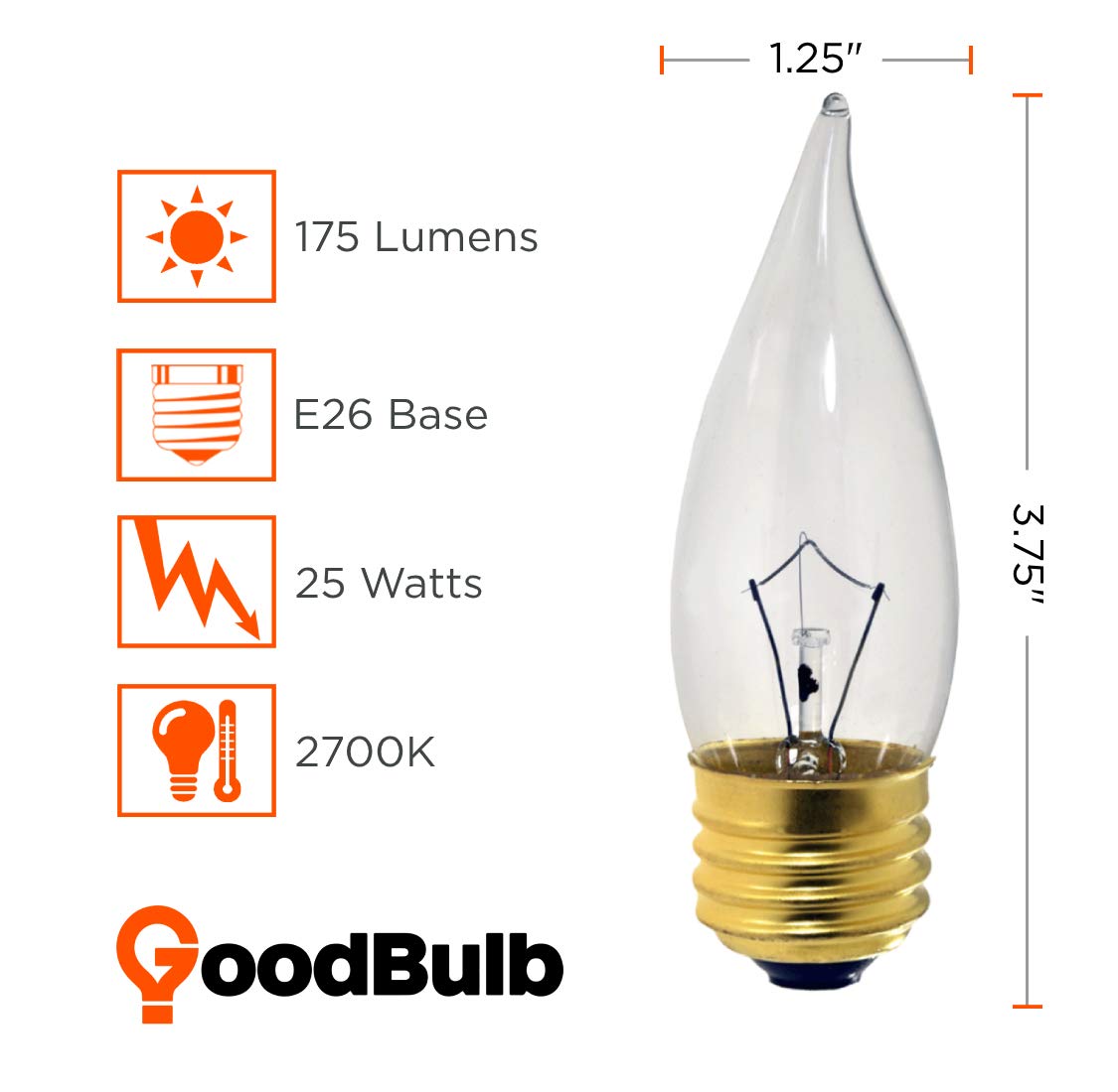 Goodbulb 25-Watt Incandescent Flame Tip Light Bulbs Ca10 Clear Finish Medium E26 Base 2700K Warm White Color Dimmable 25W 175 Lu