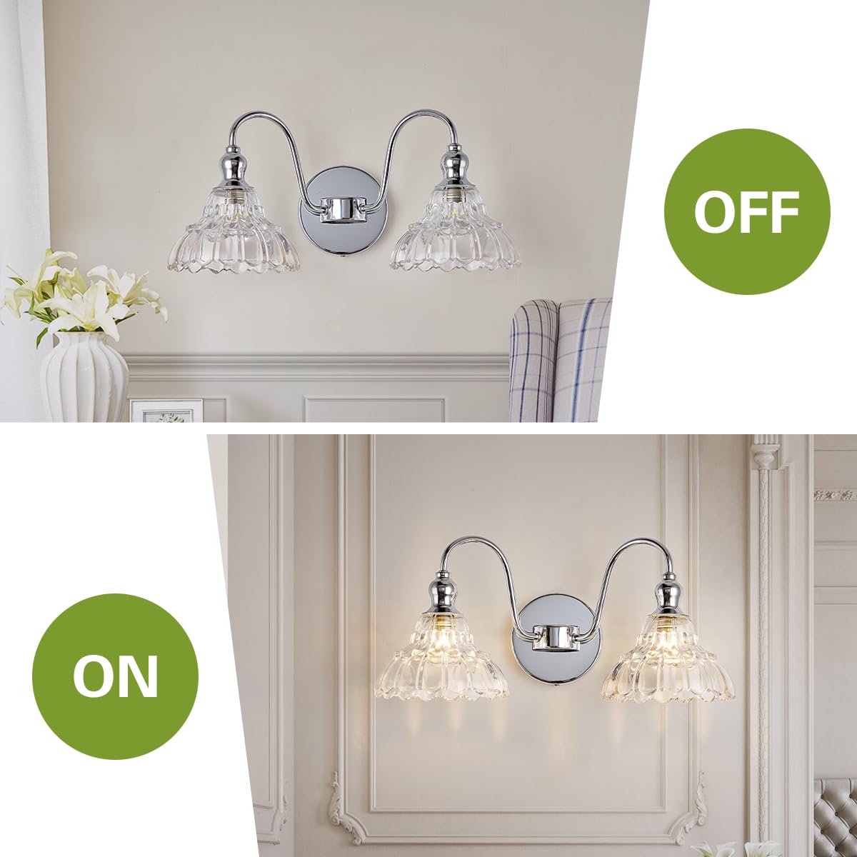 Tlolgt Chrome 2-Light Wall Sconces Bathroom Vanity Light Light Fixtures Modern Vanity Lighting Fixtures Wall Light For Bedroom Living Room Bathroom