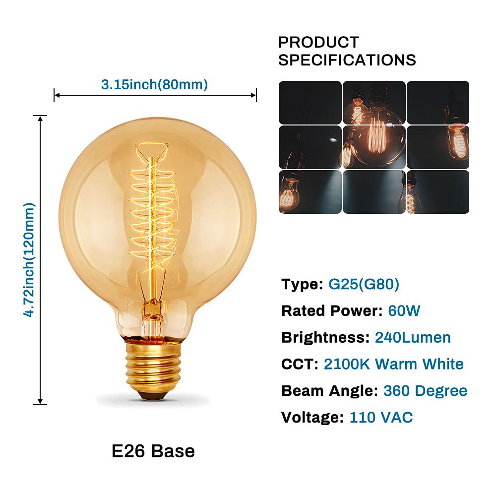 runquiz G25 Vintage Light Bulbs, 60W, 2100K Warm White, Amber Glass, Dimmable, 6-Pack, E26 Base, 240 Lumens