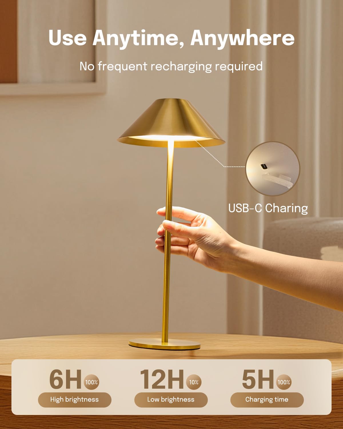 Lalavon Cordless Table Lamp Set Of 2, Gold Touch Lamps With 3 Color Dimming, 4000Mah Battery Powered Lamp, Small Desk Lamp For L