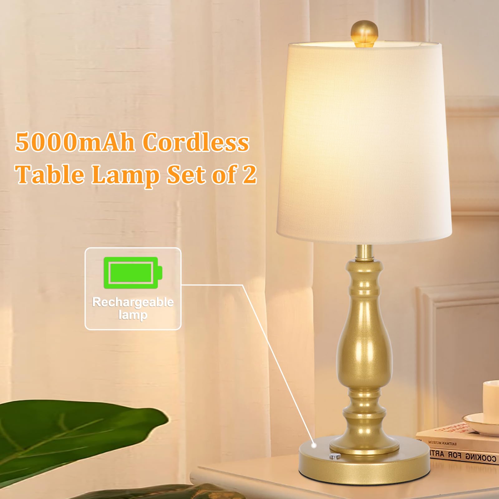 Dott Arts Cordless Lamp Table Lamps Set Of 2, Battery Powered Rechargeable Lamp 3-Way Dimmable Modern Nightstand Lamp Sets Bedsi