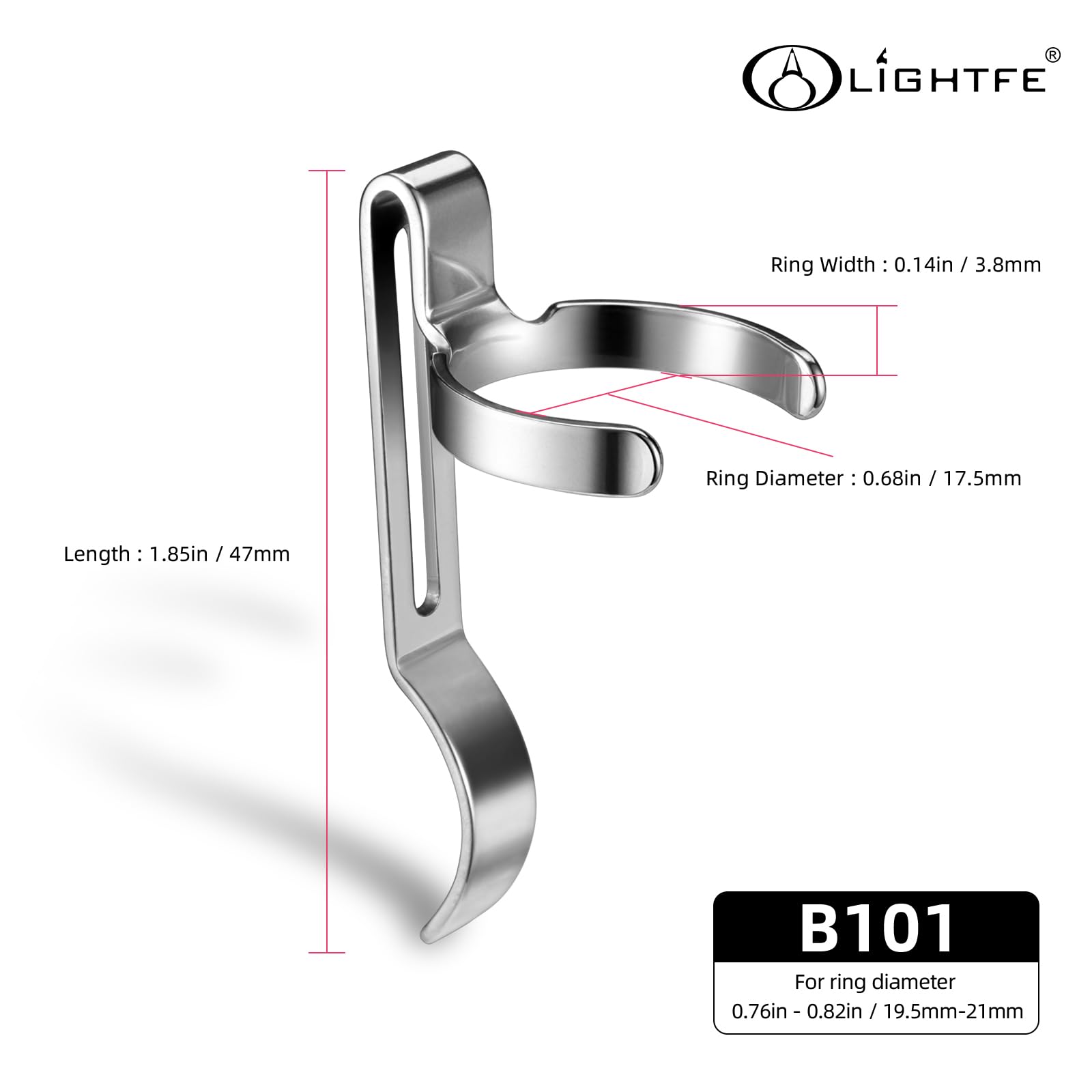 LIGHTFE B101 Flashlight Clip - Stainless Steel, 47mm, Fits 19.5-21mm Flashlights, Versatile Hat, Pocket, Bag Clip